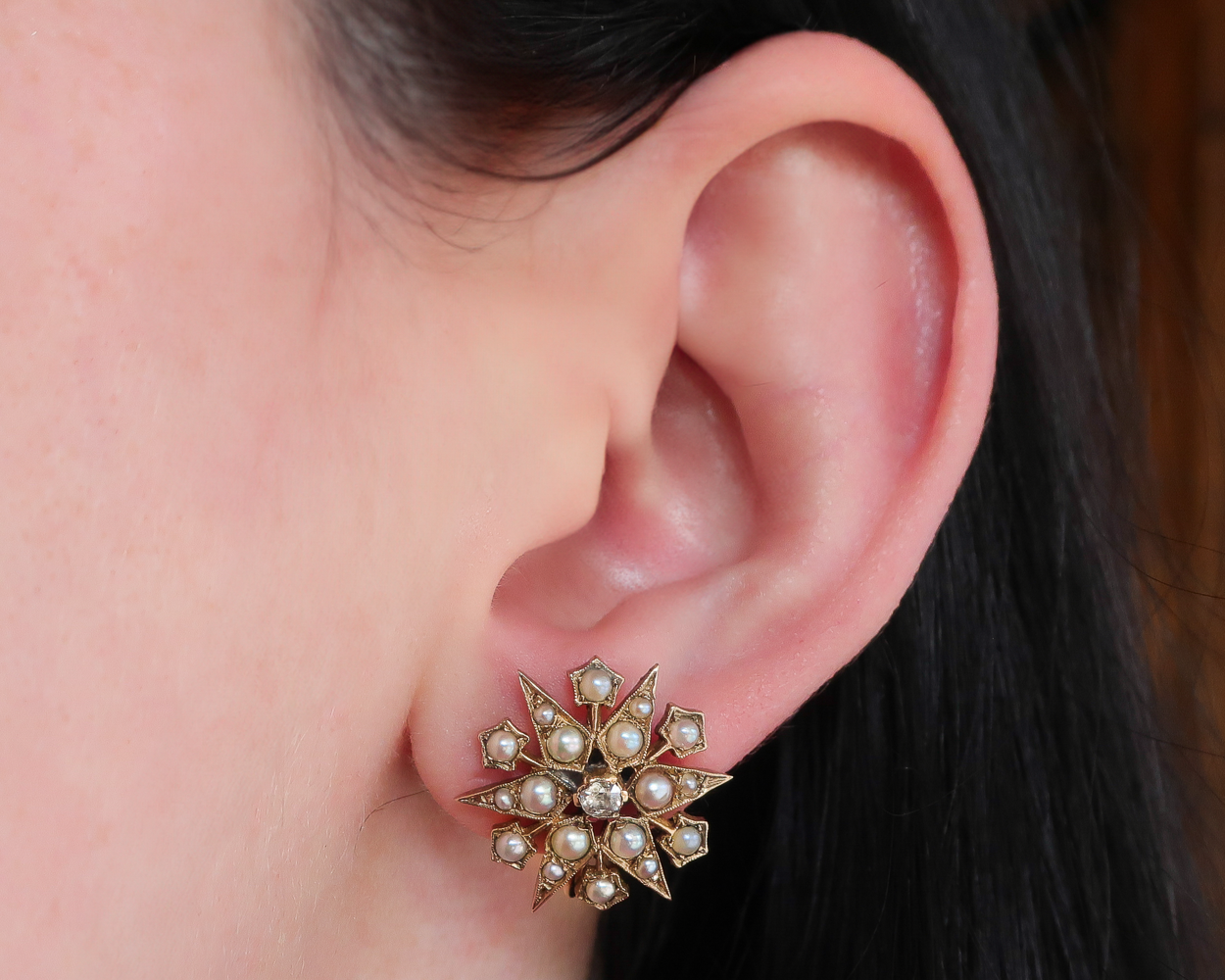 Victorian Pearl & Diamond Starburst Earrings