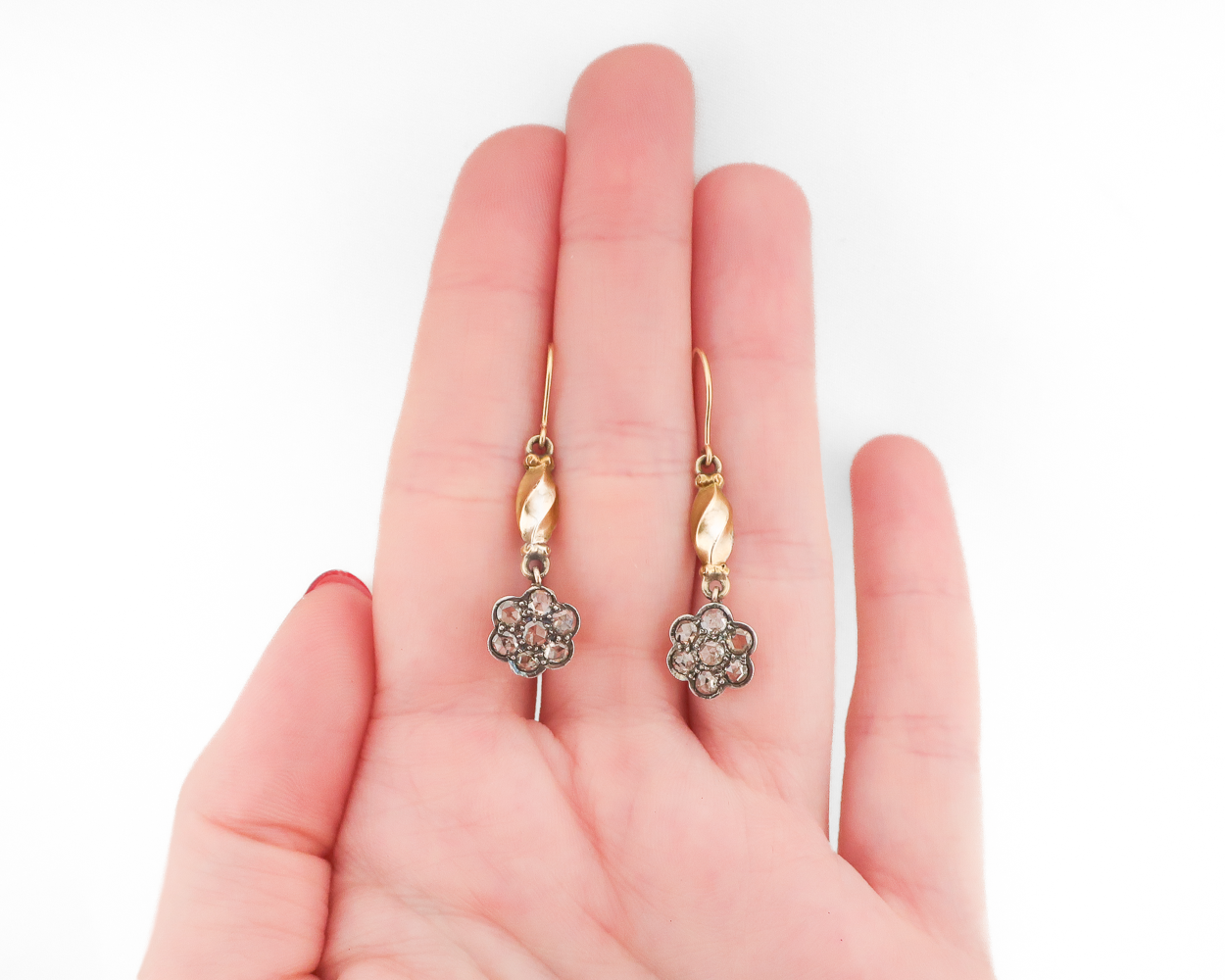 Victorian Floral Diamond Cluster Dangle Earrings