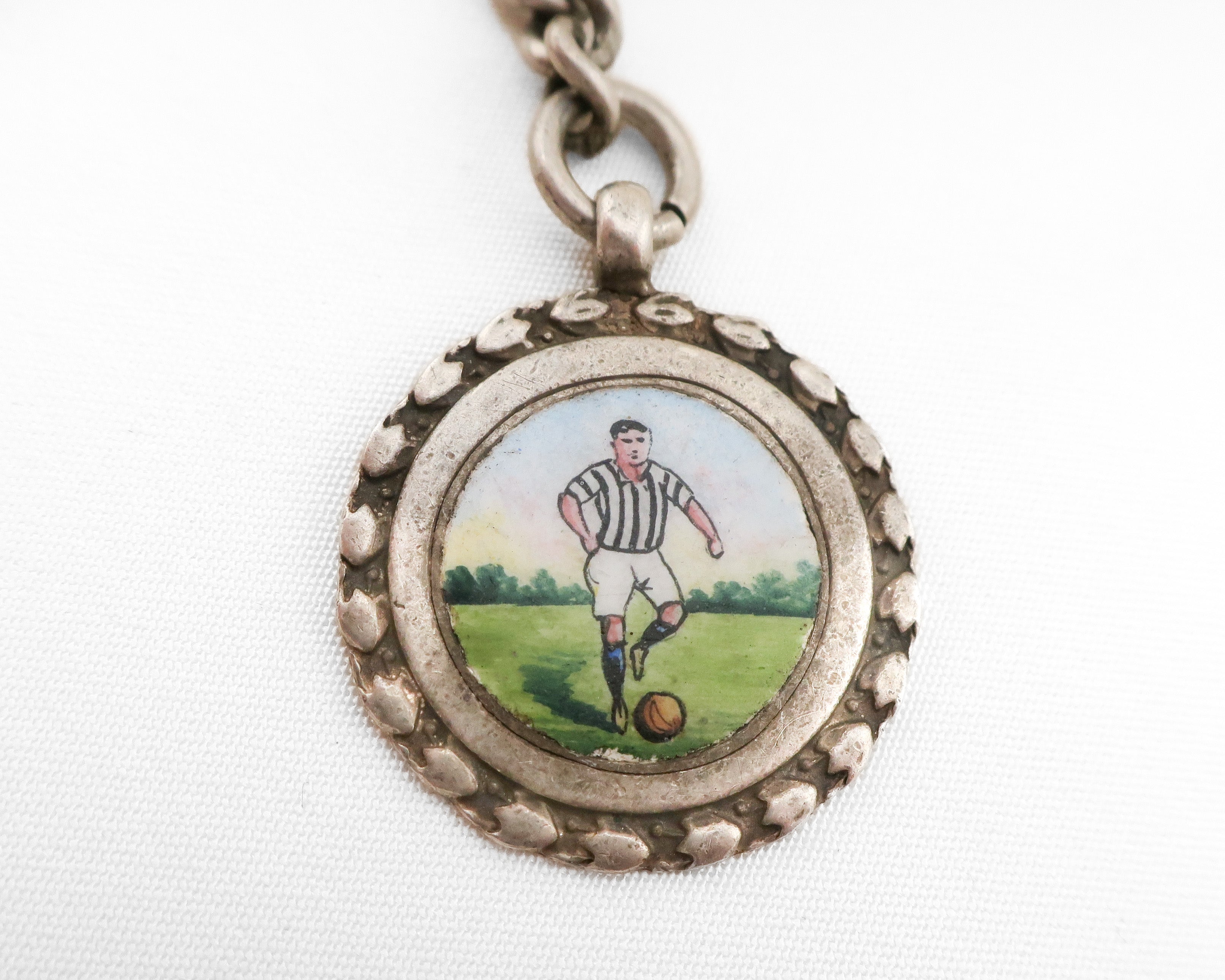 Edwardian Albert Watch Chain with Enamel Football Fob