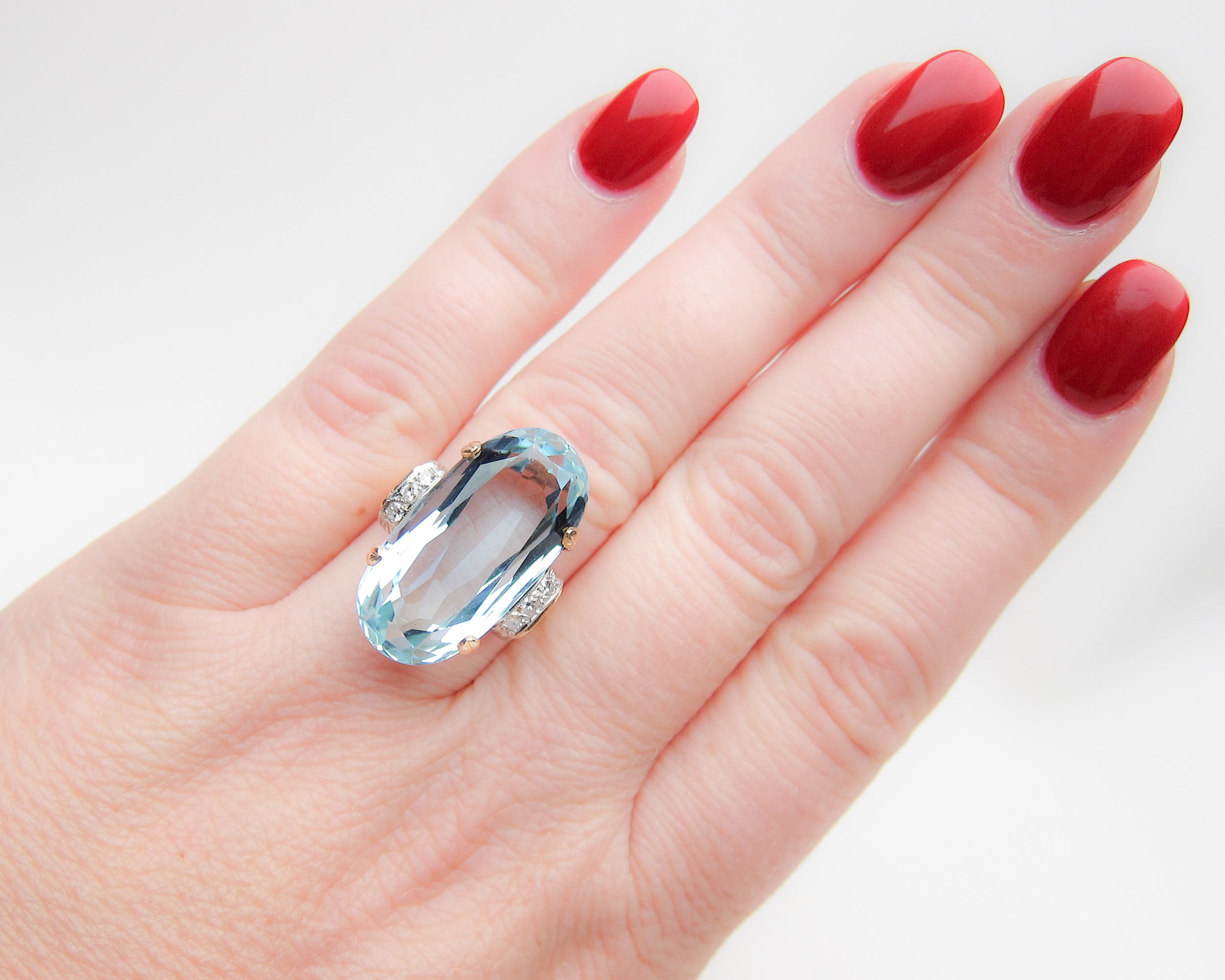 Circa 1950 Midcentury Aquamarine & Diamond Cocktail Ring