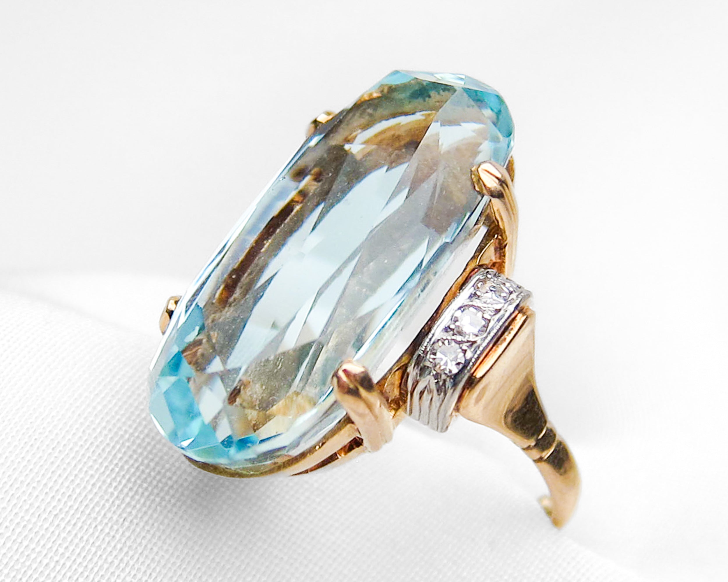 Circa 1950 Midcentury Aquamarine & Diamond Cocktail Ring