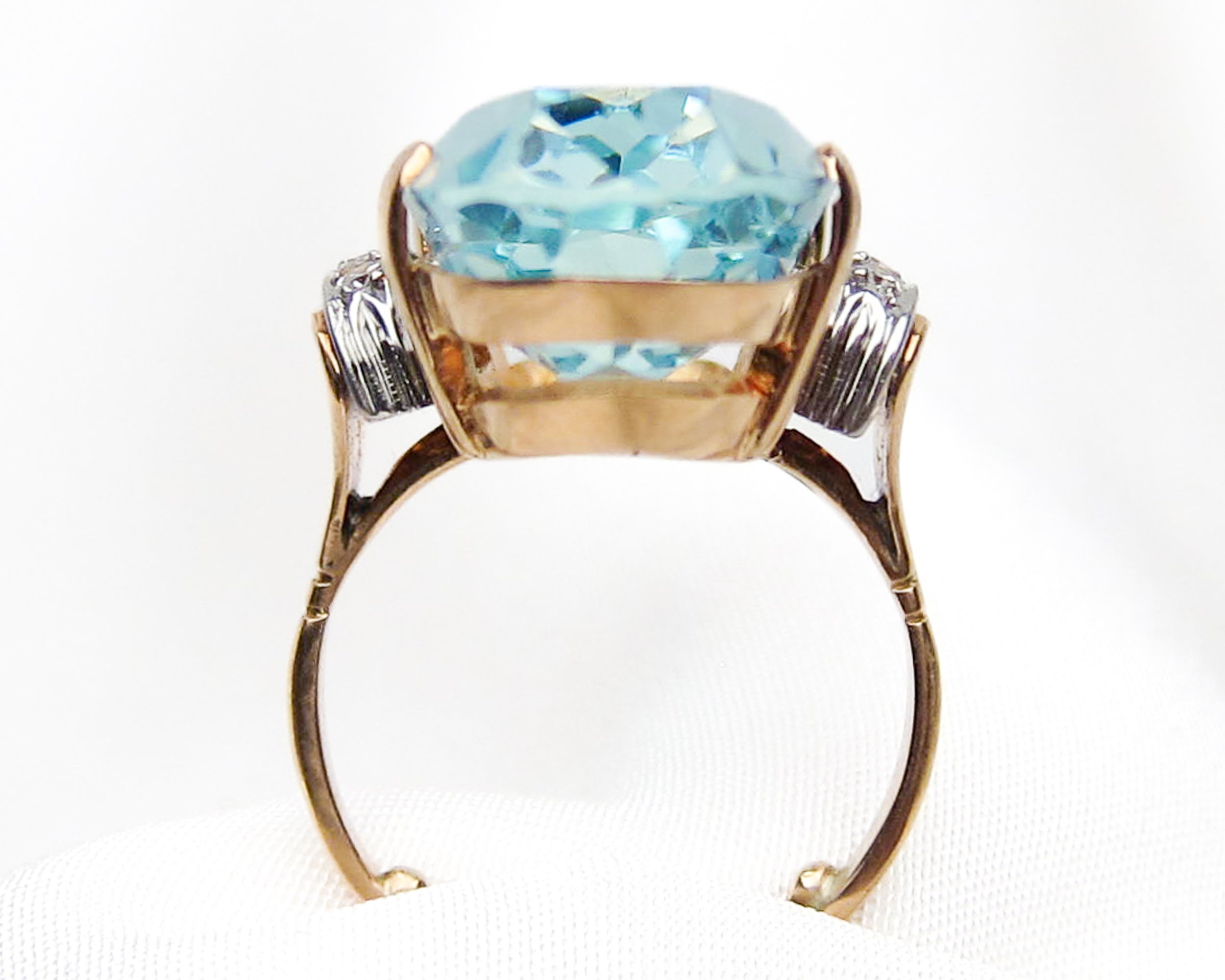 Circa 1950 Midcentury Aquamarine & Diamond Cocktail Ring