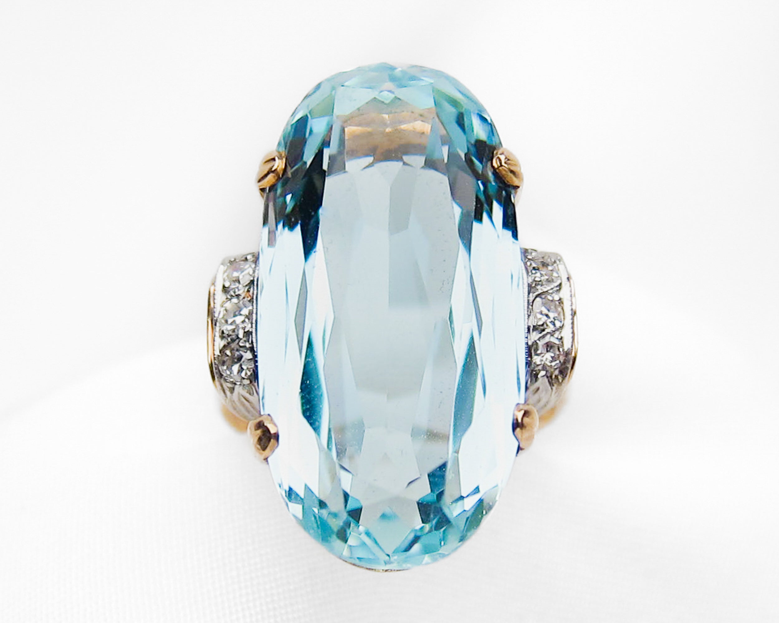 Circa 1950 Midcentury Aquamarine & Diamond Cocktail Ring
