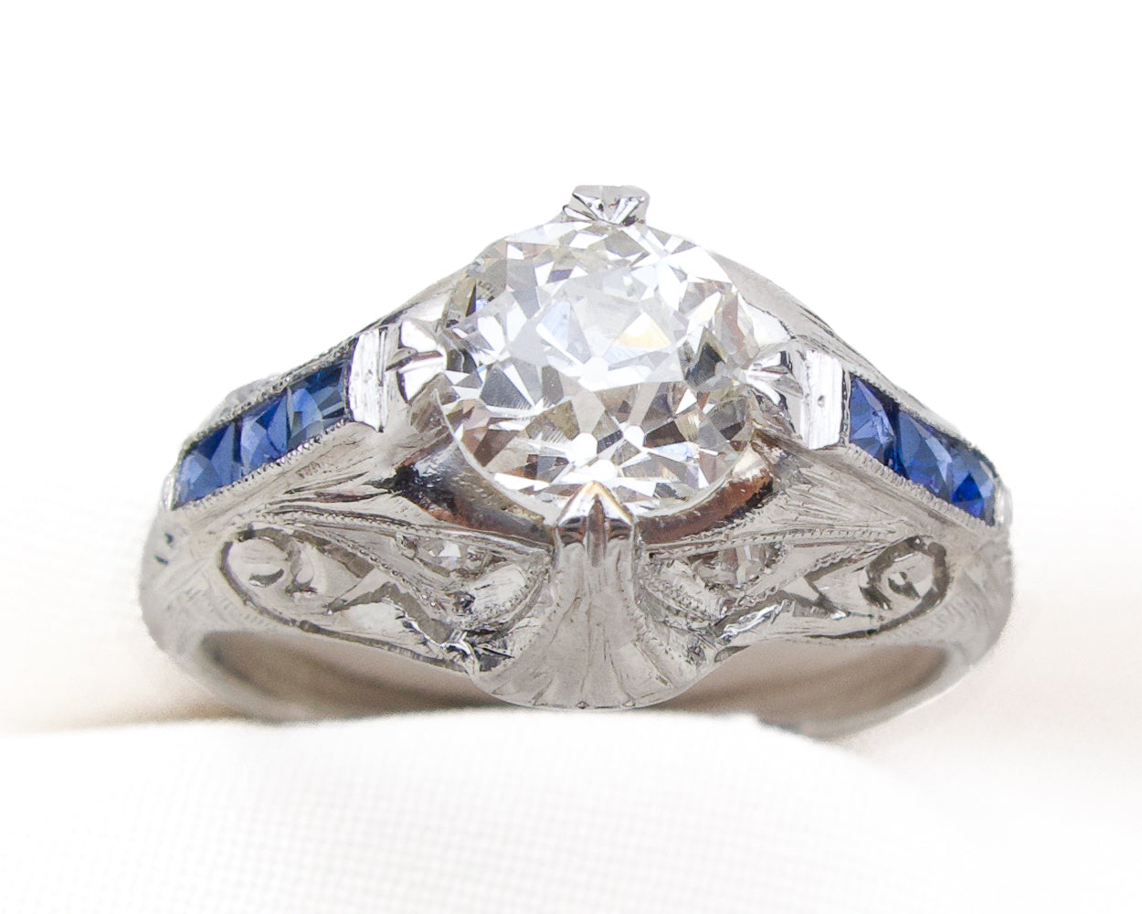 Art Deco Diamond Ring with Synthetic Sapphire Accents