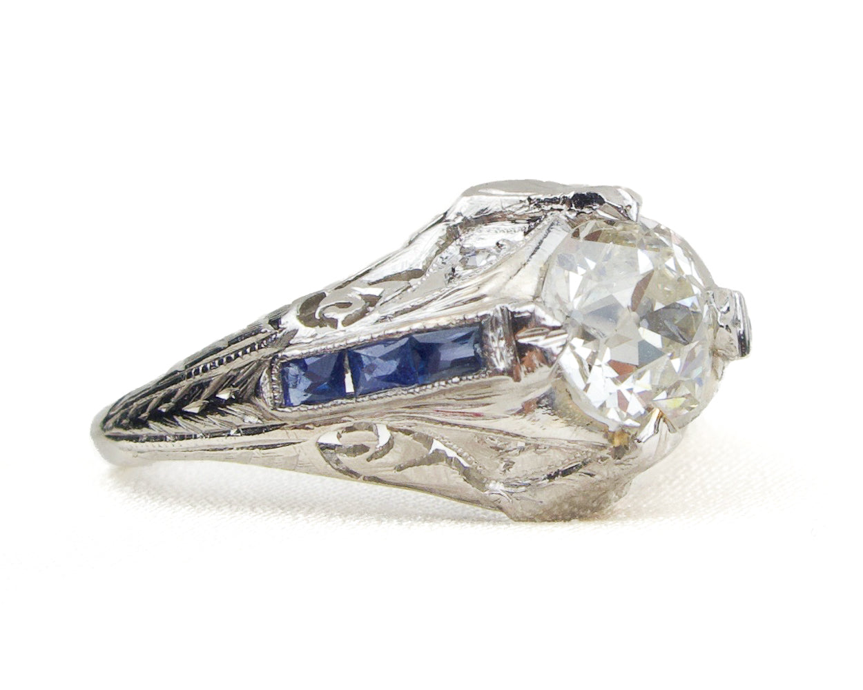 Art Deco Diamond Ring with Synthetic Sapphire Accents