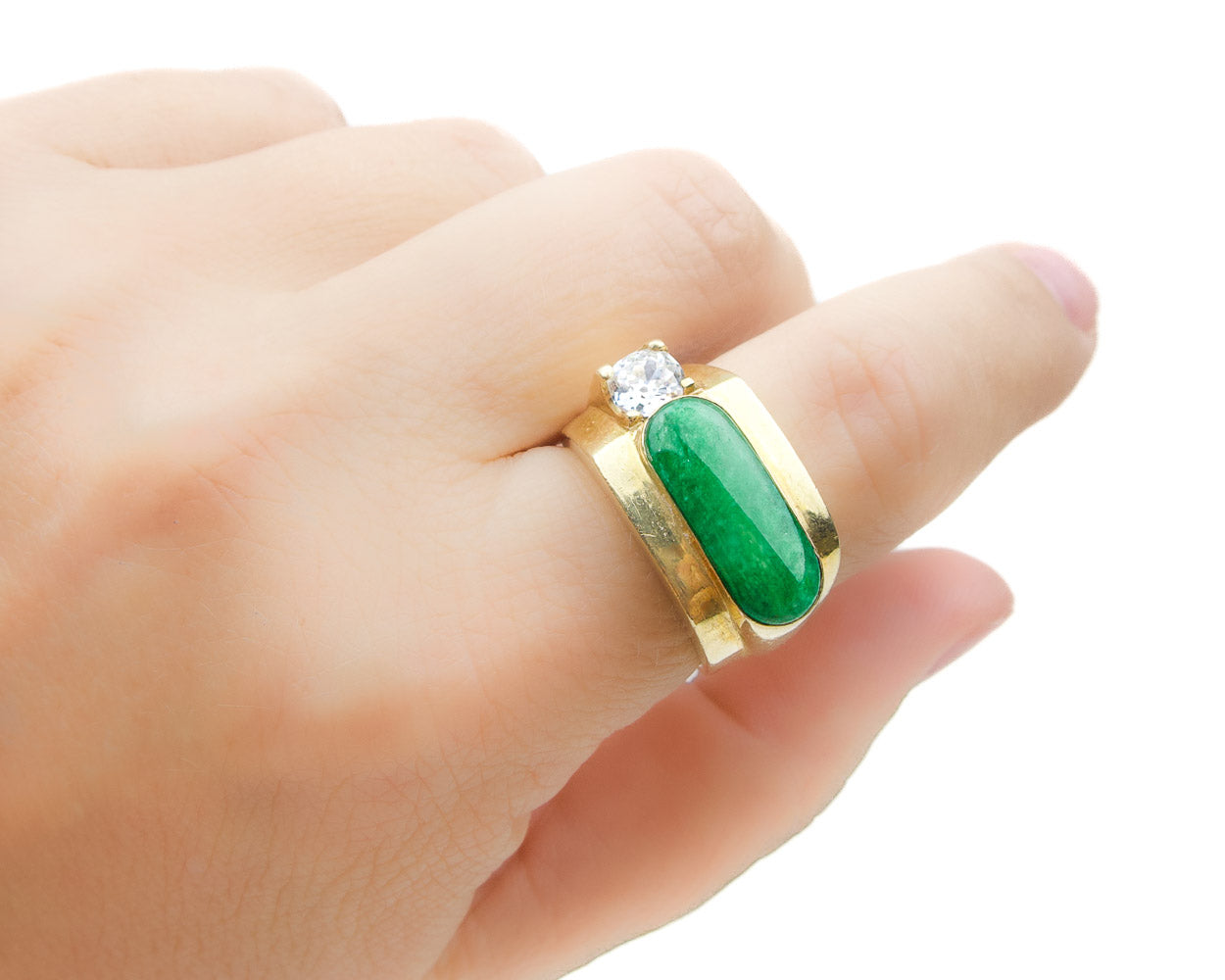 1970s Jade Cabochon Ring with Accent Diamond