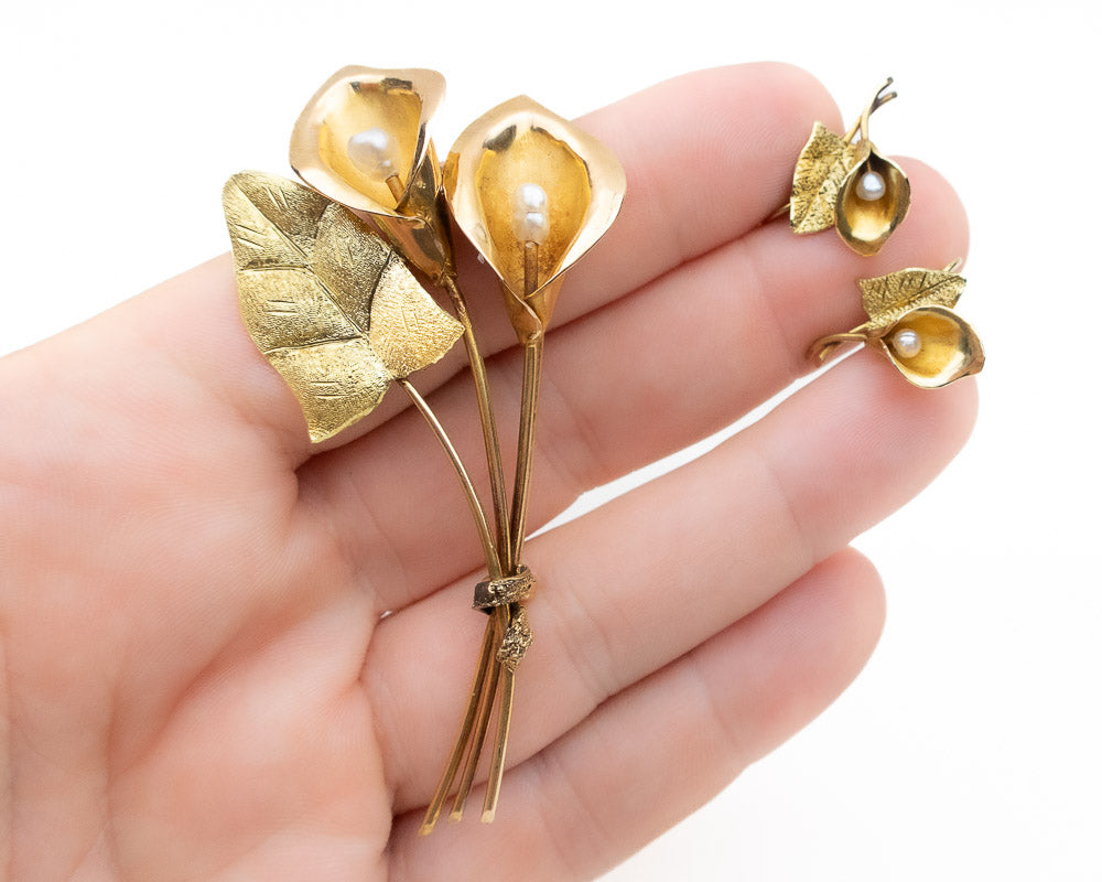 Midcentury Calla Lily Brooch & Earring Set