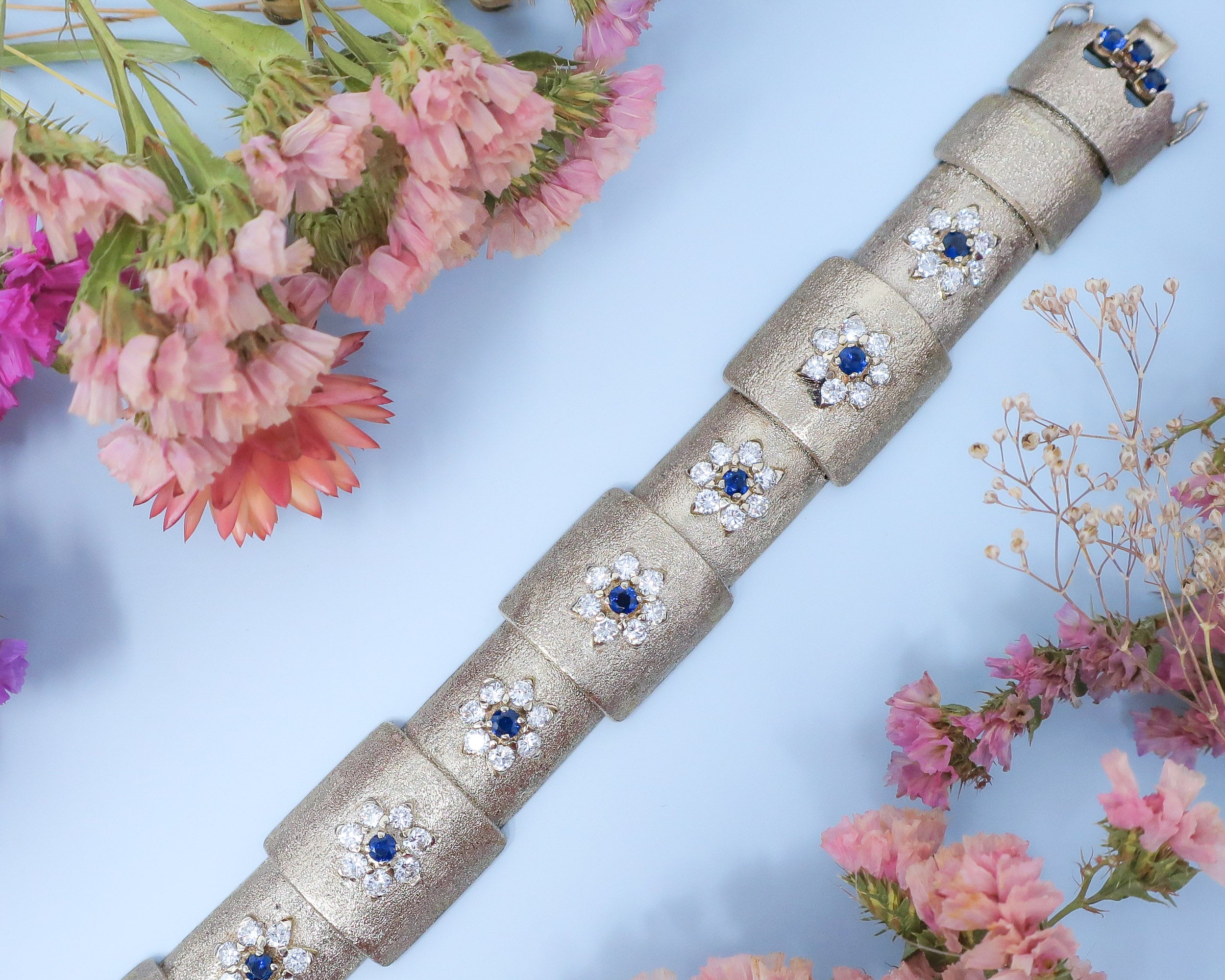 Circa 1960 Midcentury Sapphire & Diamond Floral Bracelet