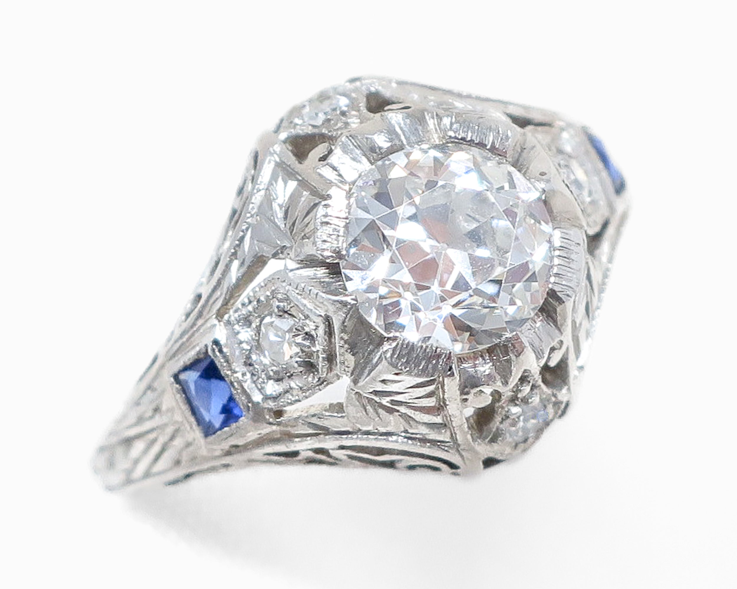 Art Deco Diamond Ring with Lab-Grown Sapphire Accents