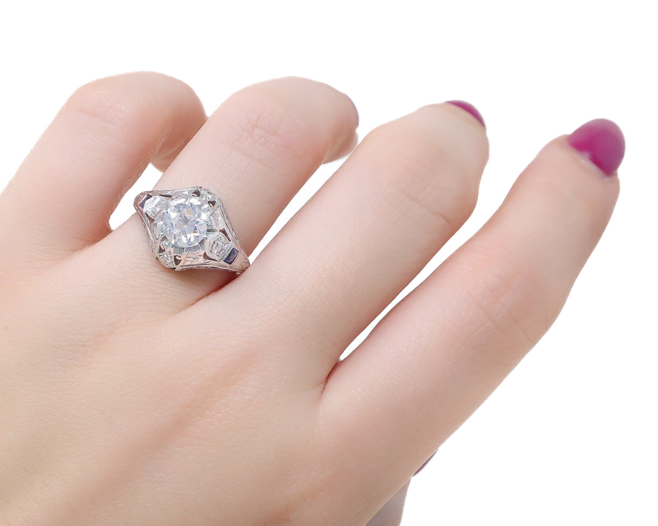 Art Deco Diamond Ring with Lab-Grown Sapphire Accents