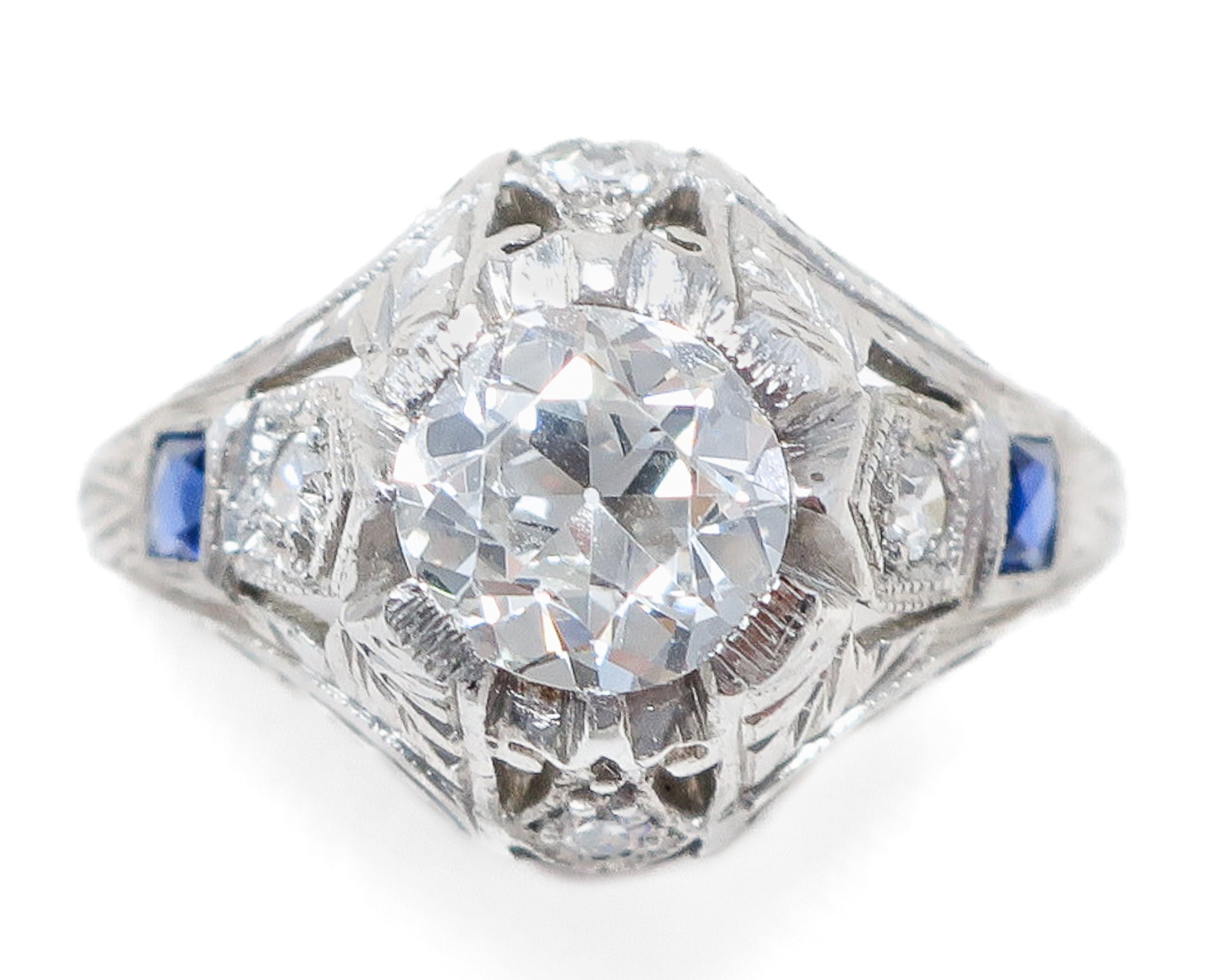 Art Deco Diamond Ring with Lab-Grown Sapphire Accents