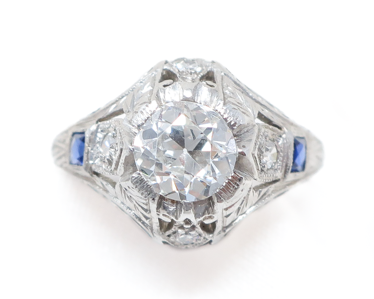 Art Deco Diamond Ring with Sapphire Accents