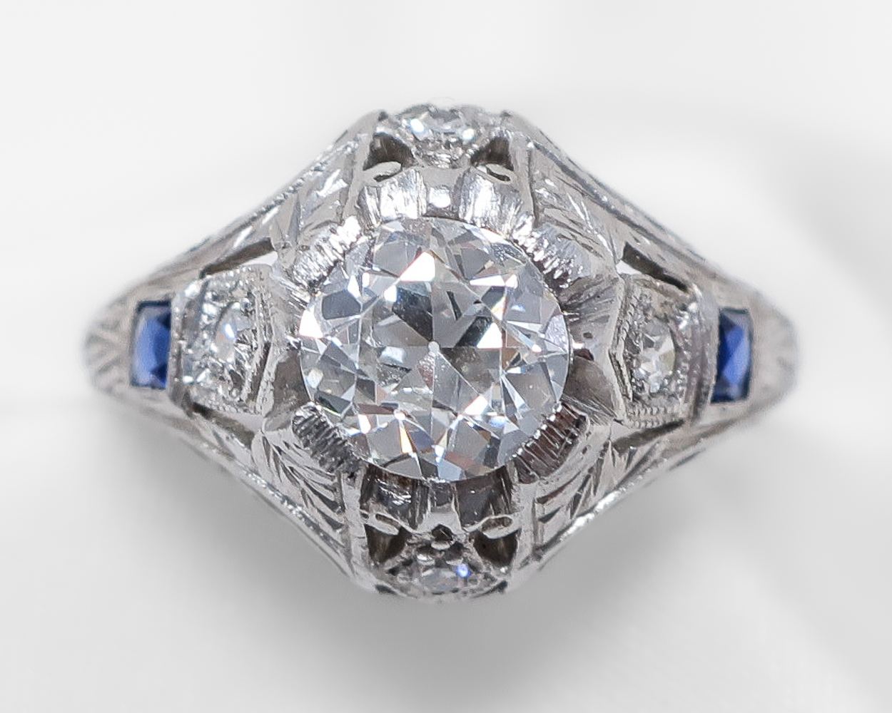 Art Deco Diamond Ring with Sapphire Accents