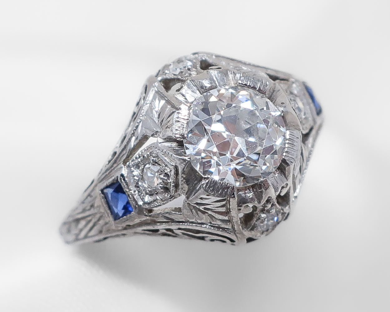 Art Deco Diamond Ring with Sapphire Accents