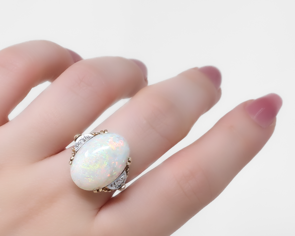 1940s Opal Dinner Ring with Diamonds