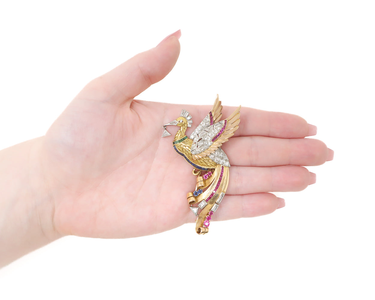Midcentury Jeweled Stork Brooch/Pendant
