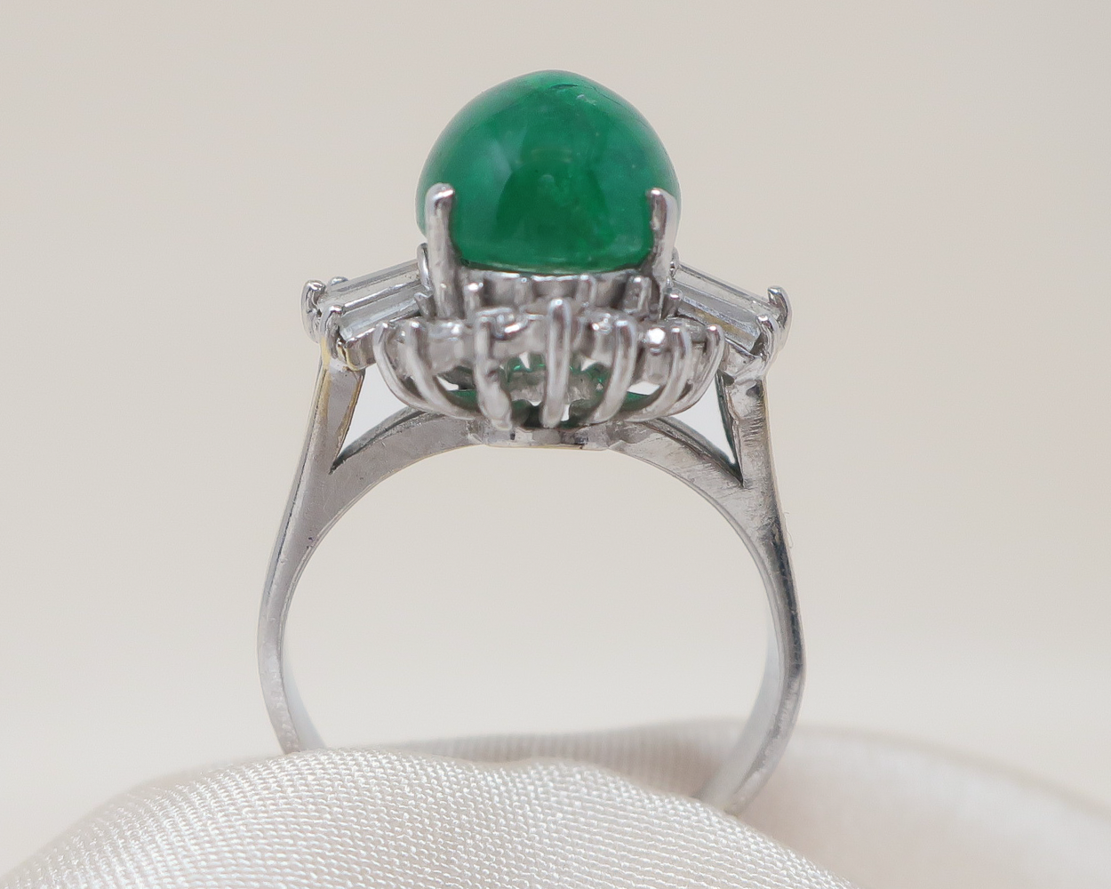 Midcentury Emerald Cabochon Ring with Diamonds