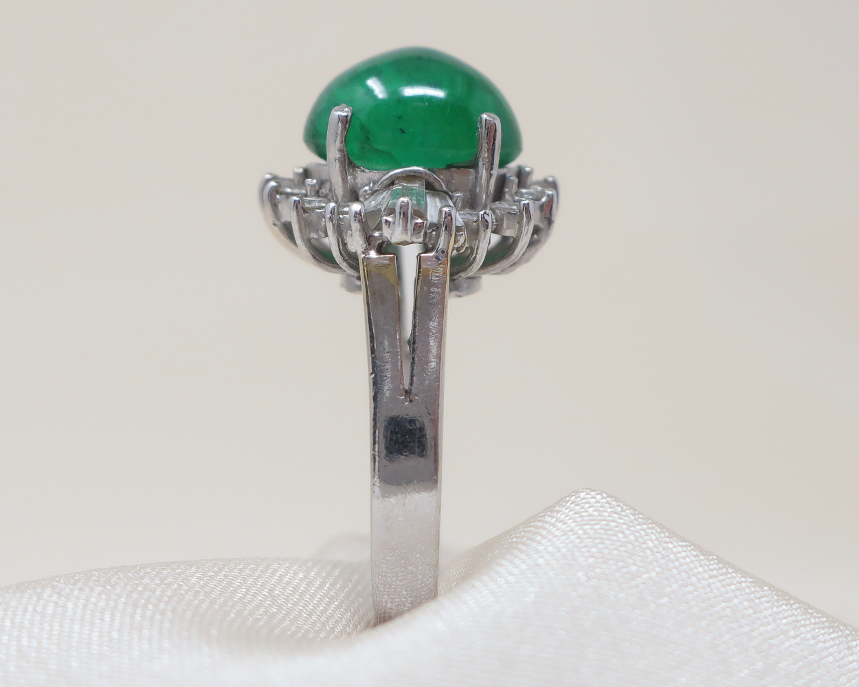 Midcentury Emerald Cabochon Ring with Diamonds