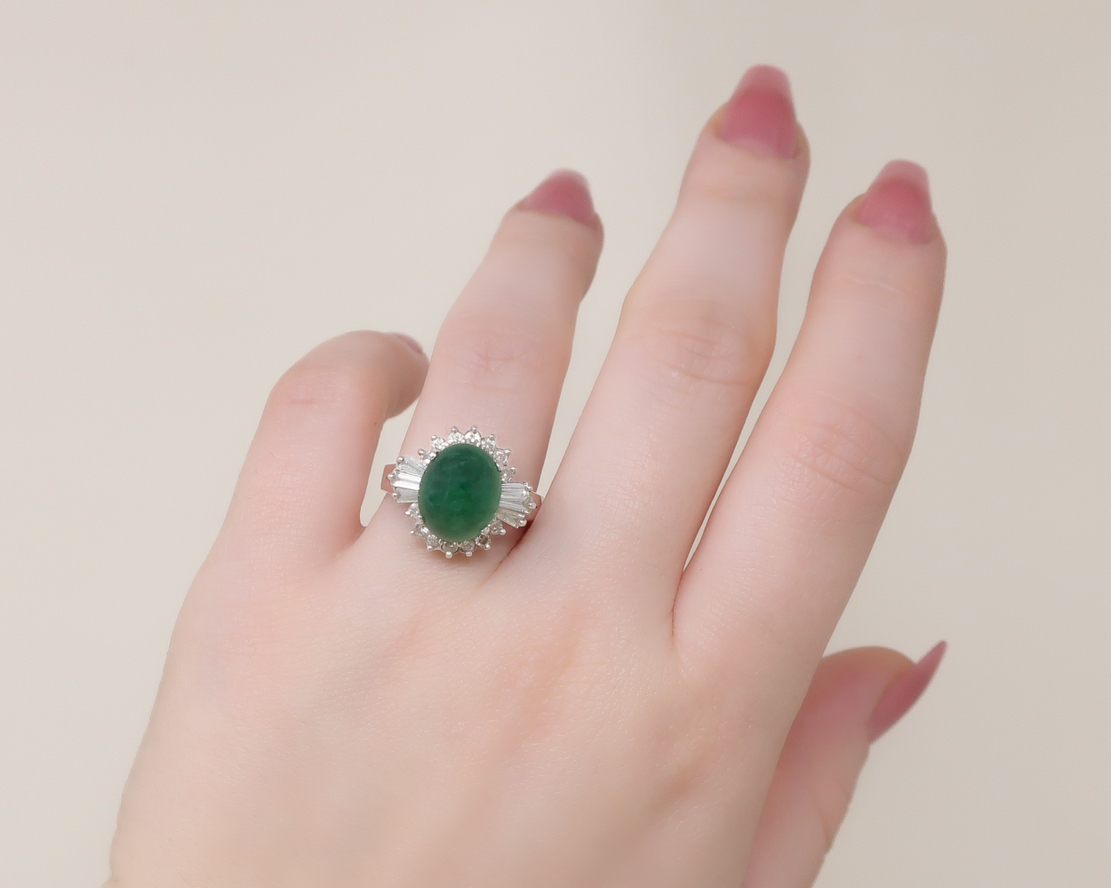 Midcentury Emerald Cabochon Ring with Diamonds