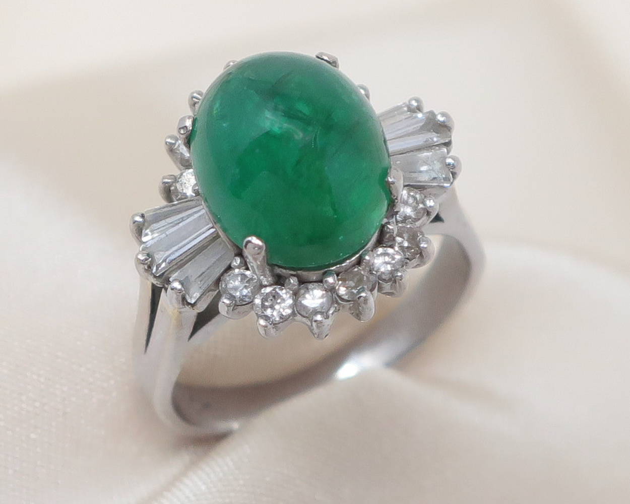 Midcentury Emerald Cabochon Ring with Diamonds