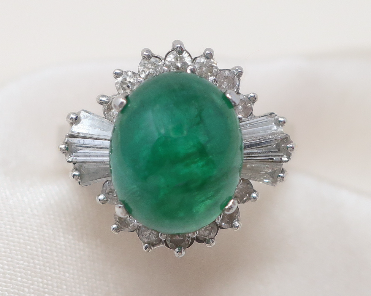 Midcentury Emerald Cabochon Ring with Diamonds