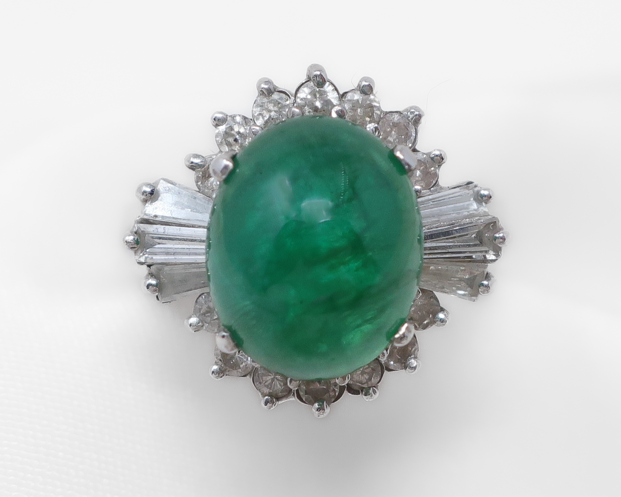 Midcentury Emerald Cabochon Ring with Diamonds