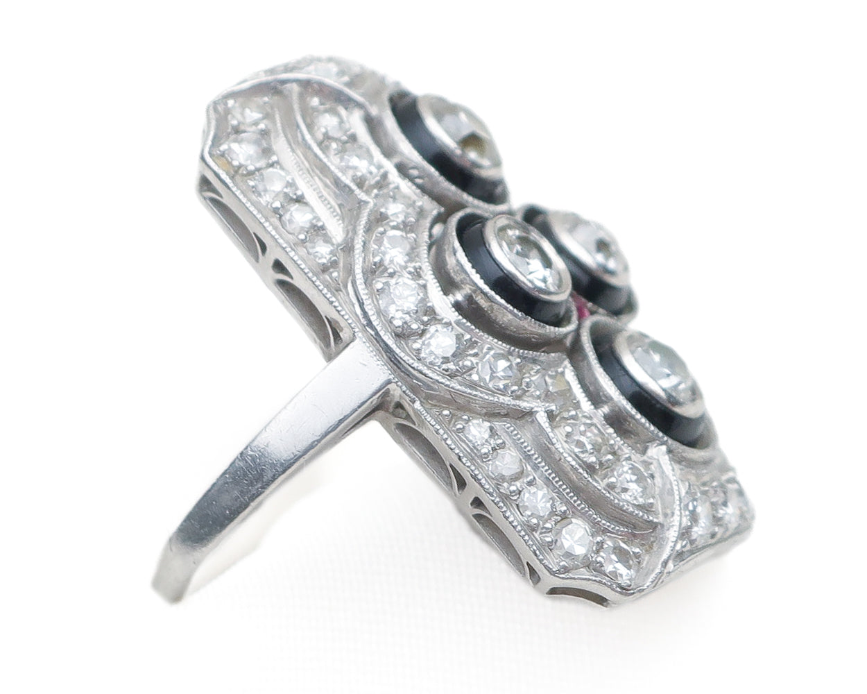 Art Deco Diamond Ring with Onyx & Rubies