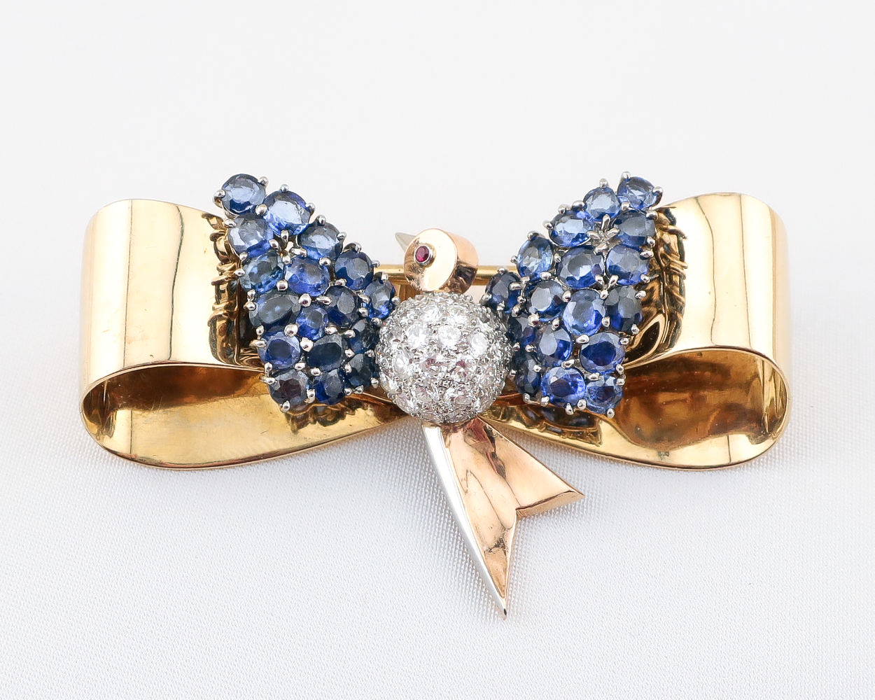 Midcentury Sapphire and Diamond Bird on a Bow Brooch / Pendant