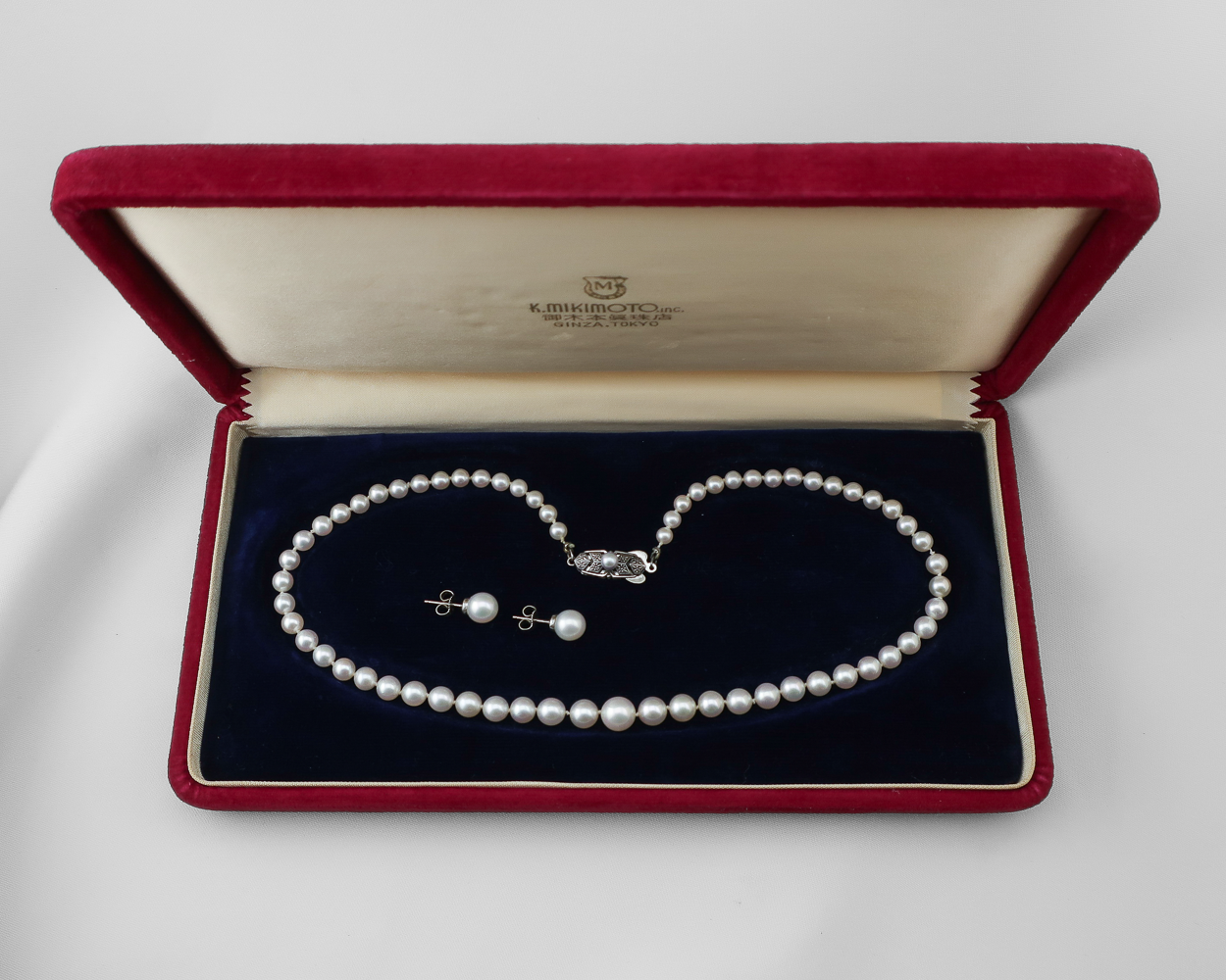 1950s Mikimoto Pearl Necklace and Earrings Set