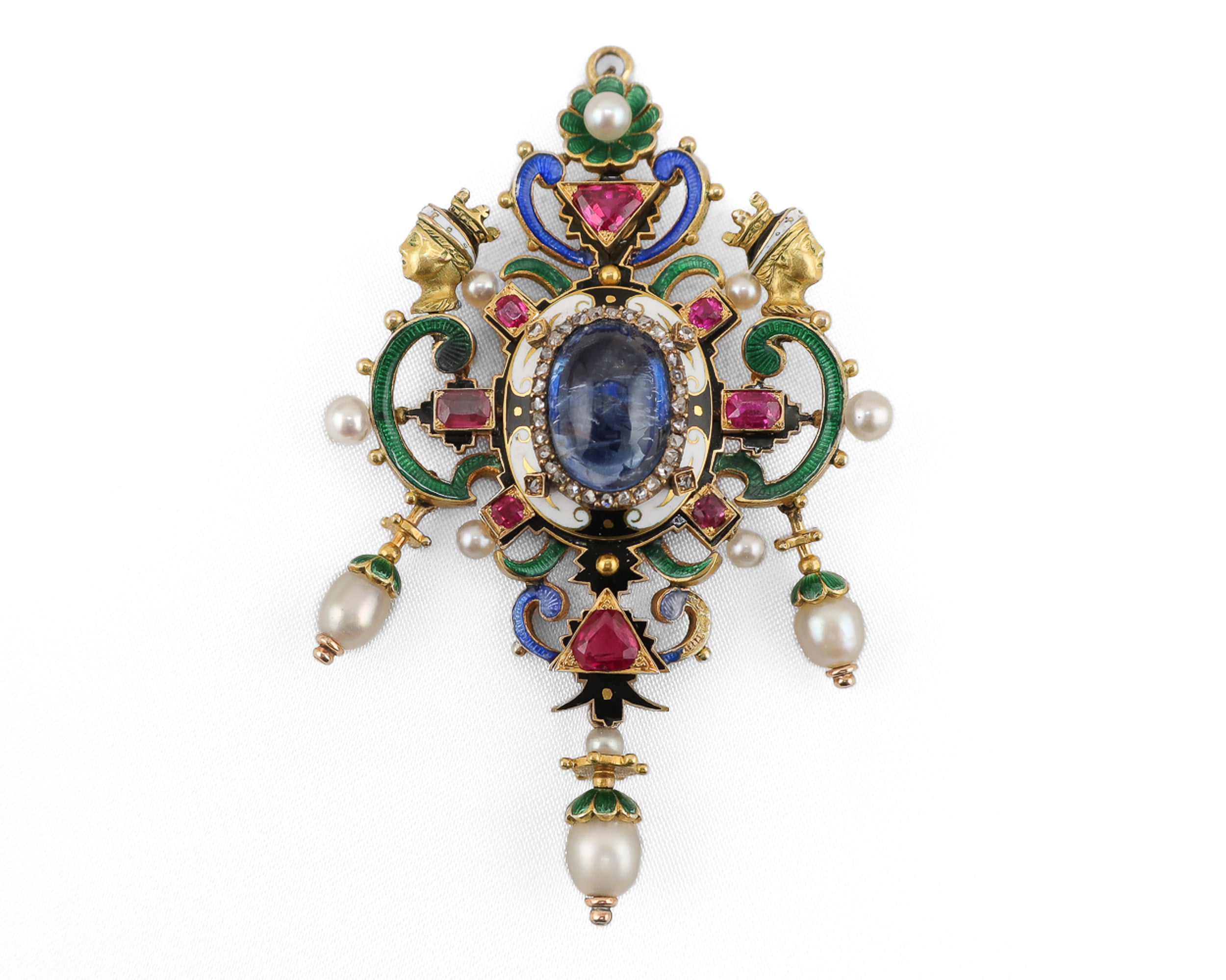 Circa 1880 Holbeinesque Sapphire, Ruby, Diamond & Enamel Pendant Locket