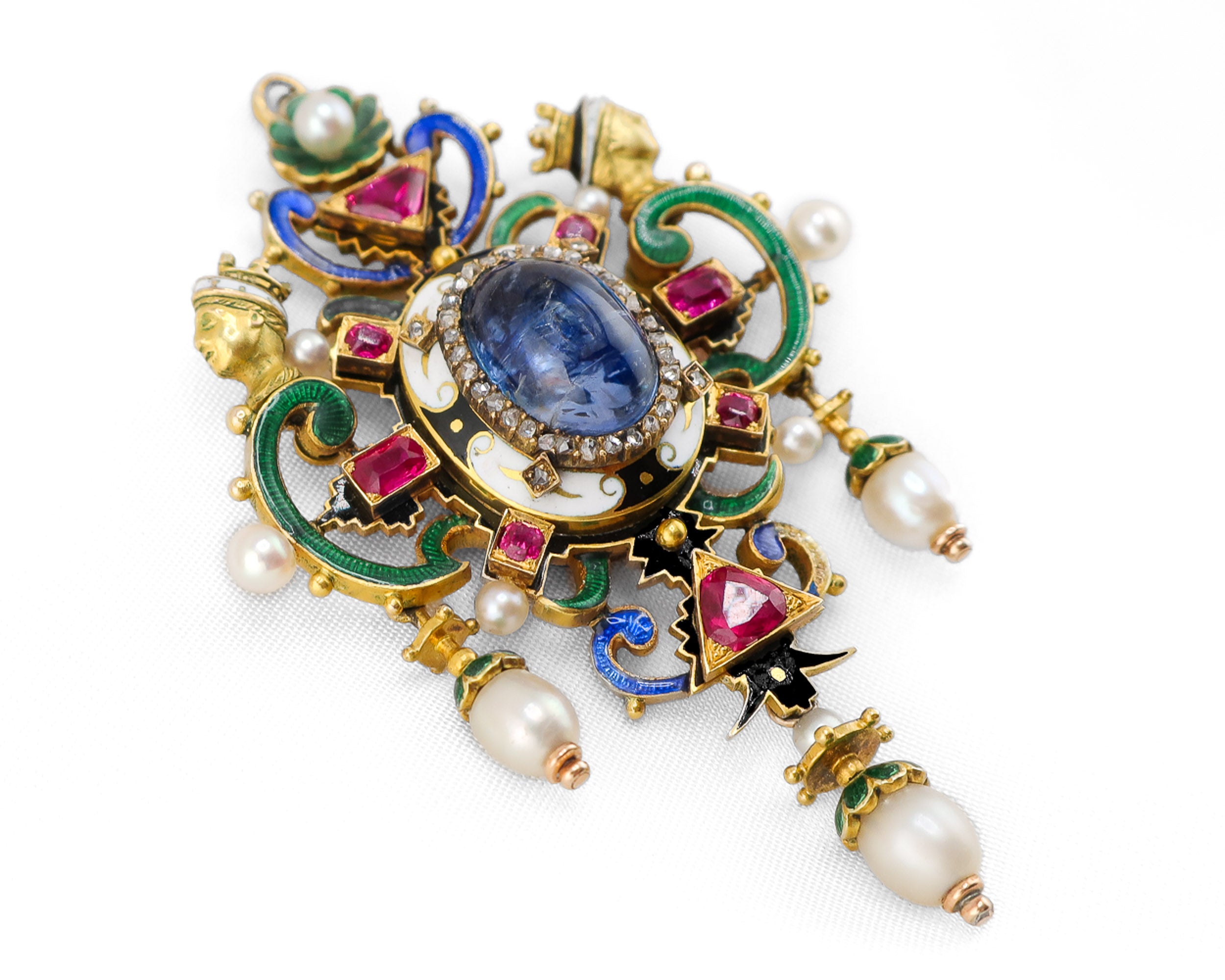 Circa 1880 Holbeinesque Sapphire, Ruby, Diamond & Enamel Pendant Locket