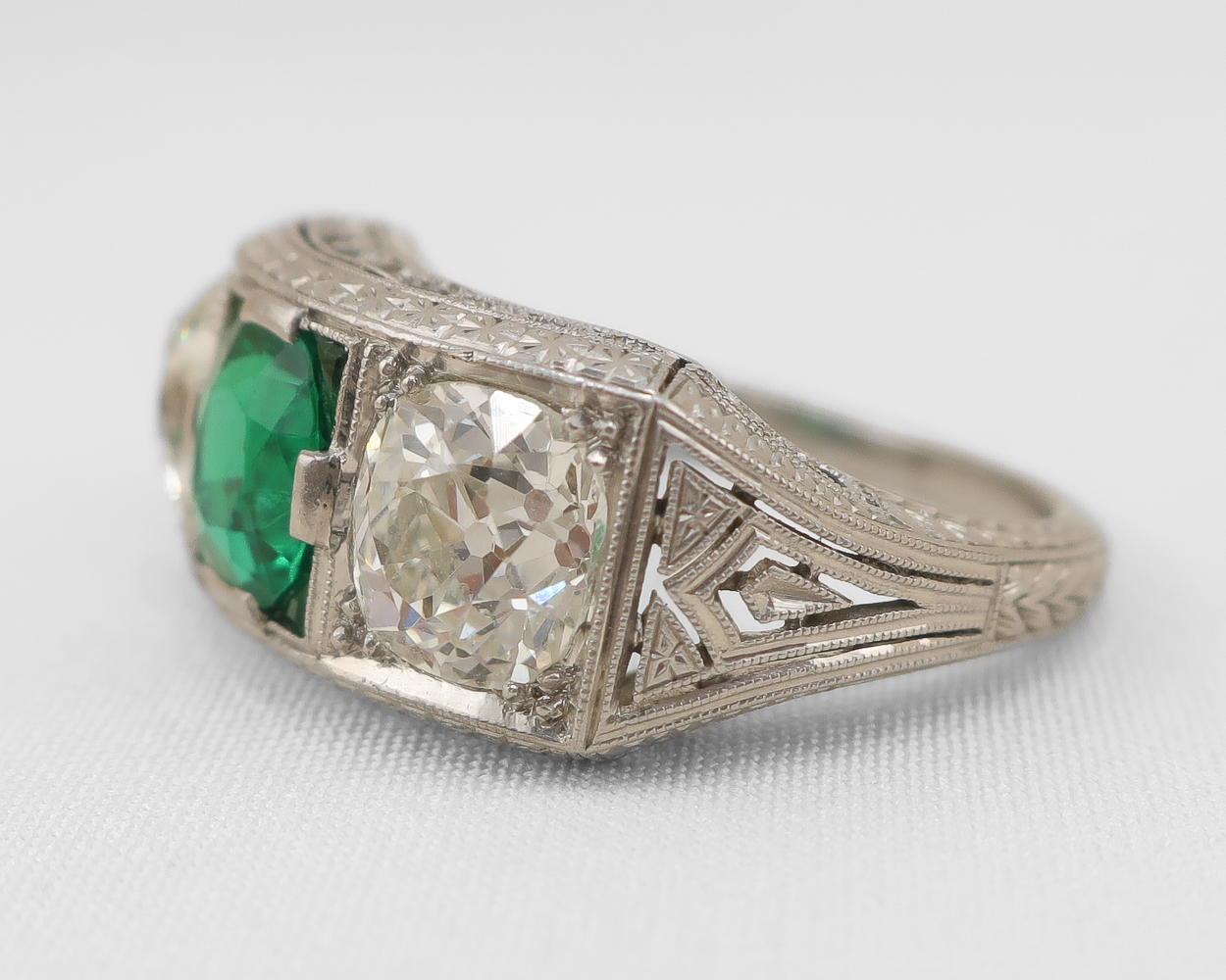 Art Deco Emerald & Diamond Three-Stone Ring