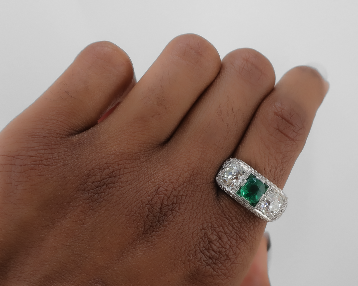 Art Deco Emerald & Diamond Three-Stone Ring