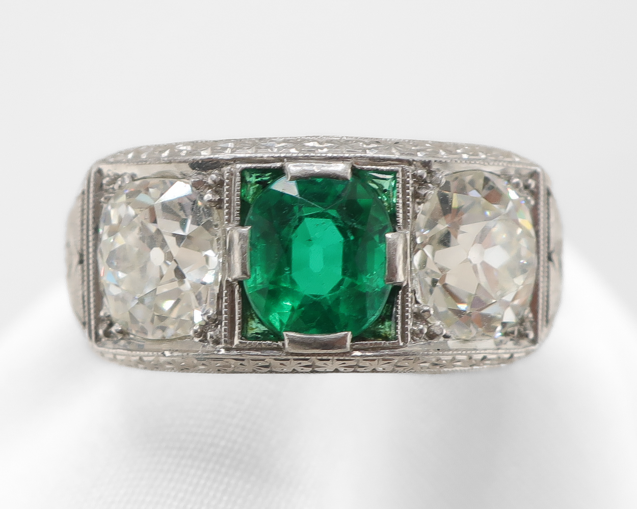 Art Deco Emerald & Diamond Three-Stone Ring