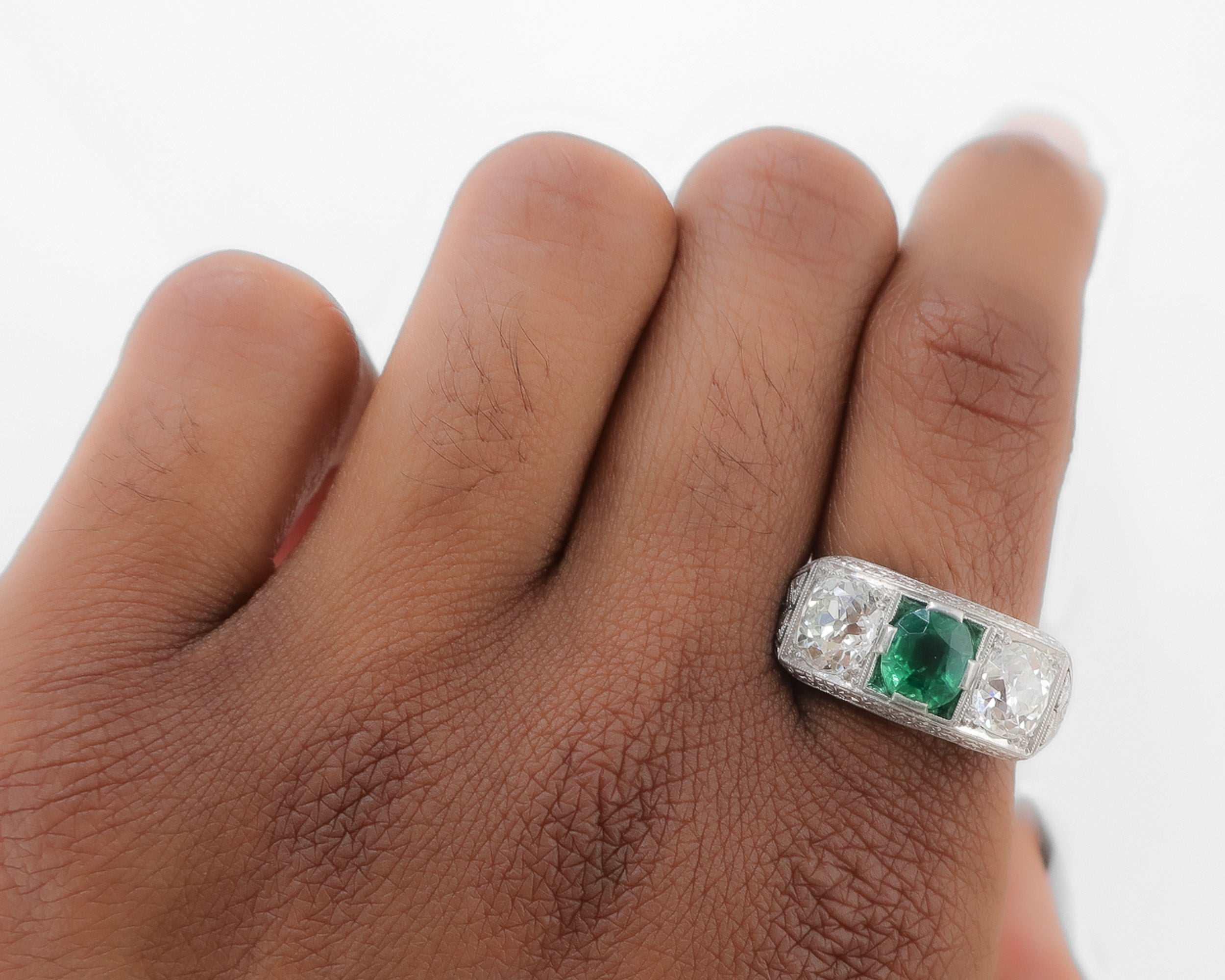 Art Deco Emerald & Old Mine-Cut Diamond Ring