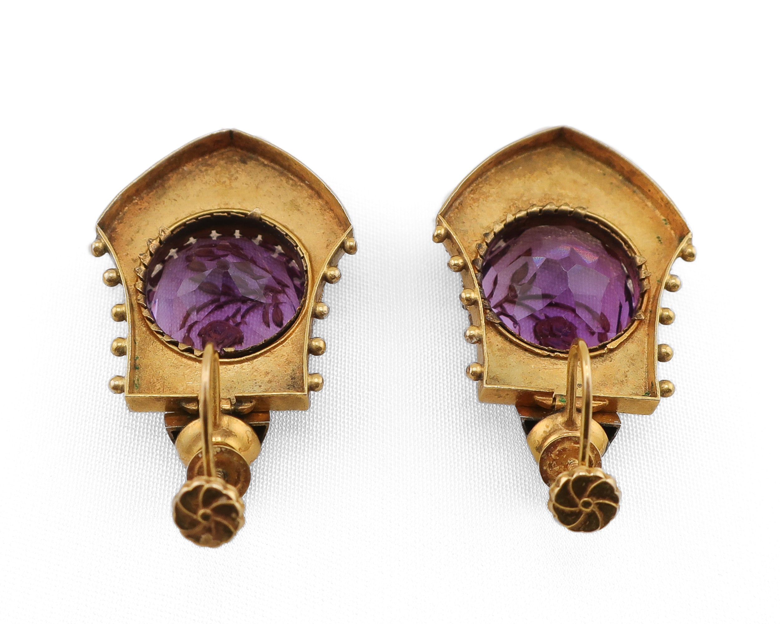 Victorian Etruscan Revival Amethyst Locket, Earrings & Chain Suite