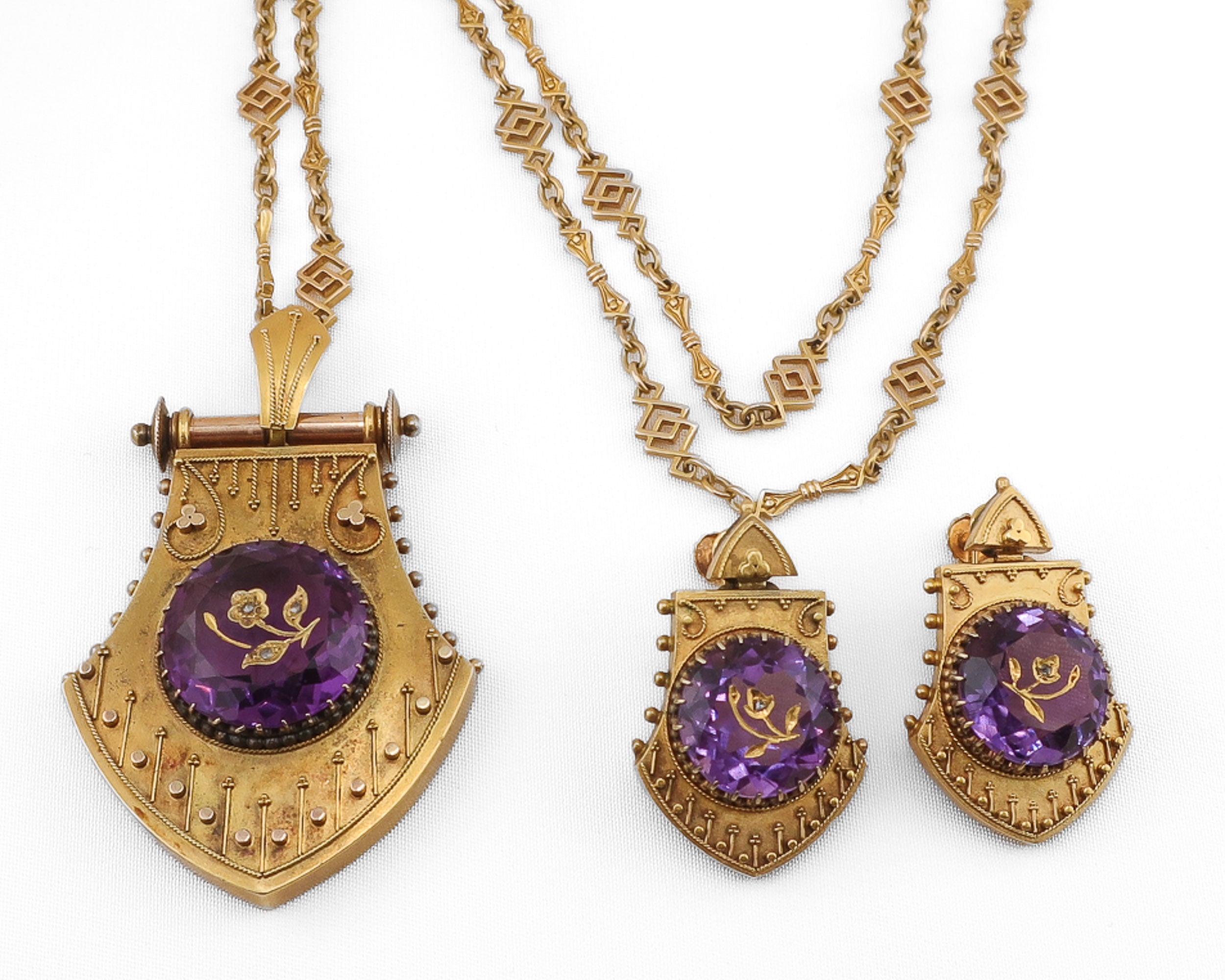 Victorian Etruscan Revival Amethyst Locket, Earrings & Chain Suite