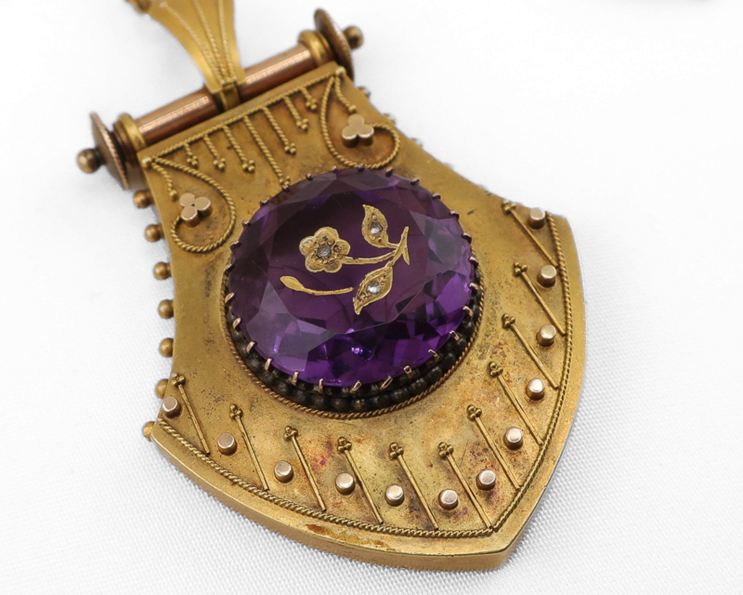 Victorian Etruscan Revival Amethyst Locket, Earrings & Chain Suite