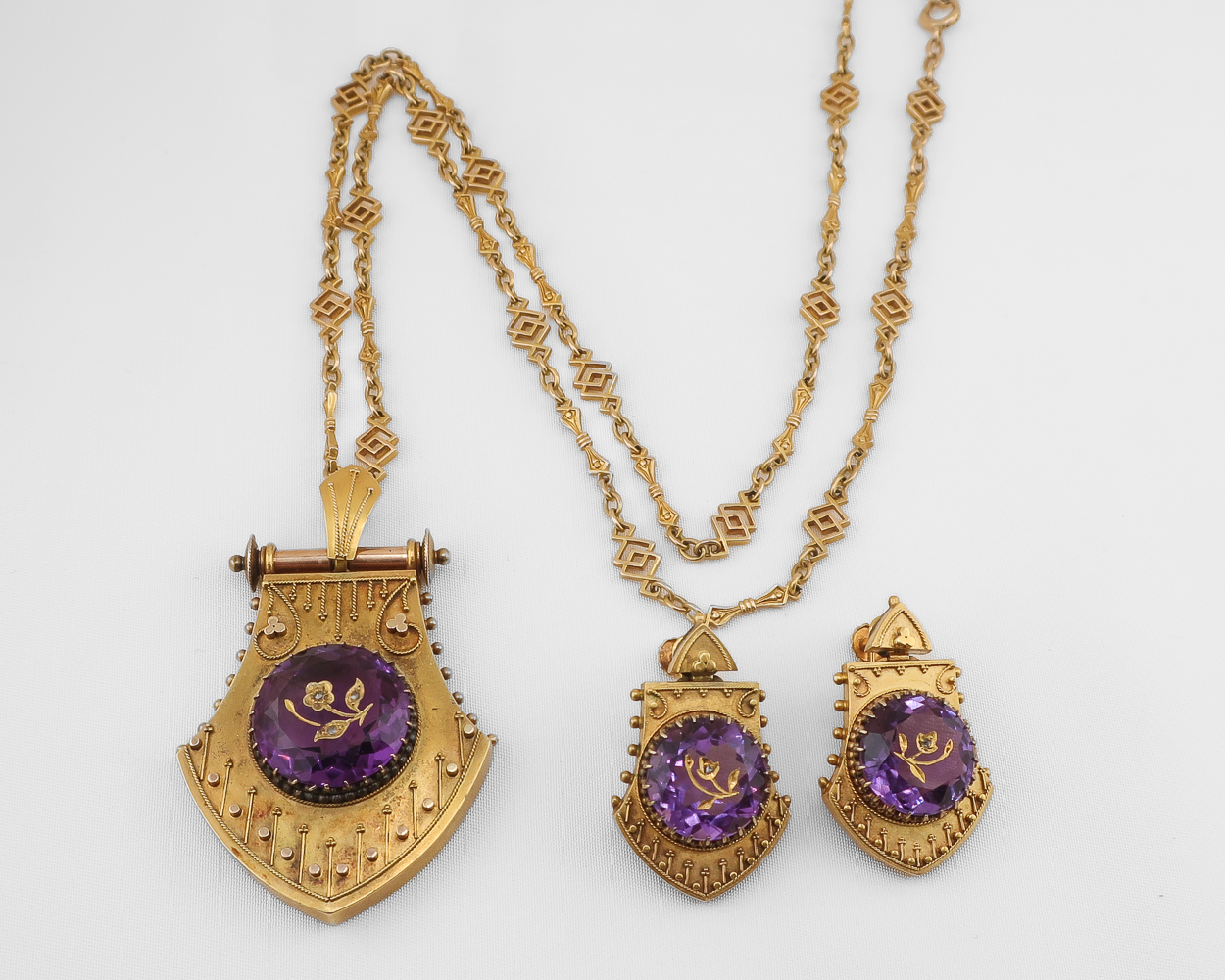 Victorian Etruscan Revival Amethyst Locket & Earrings Set