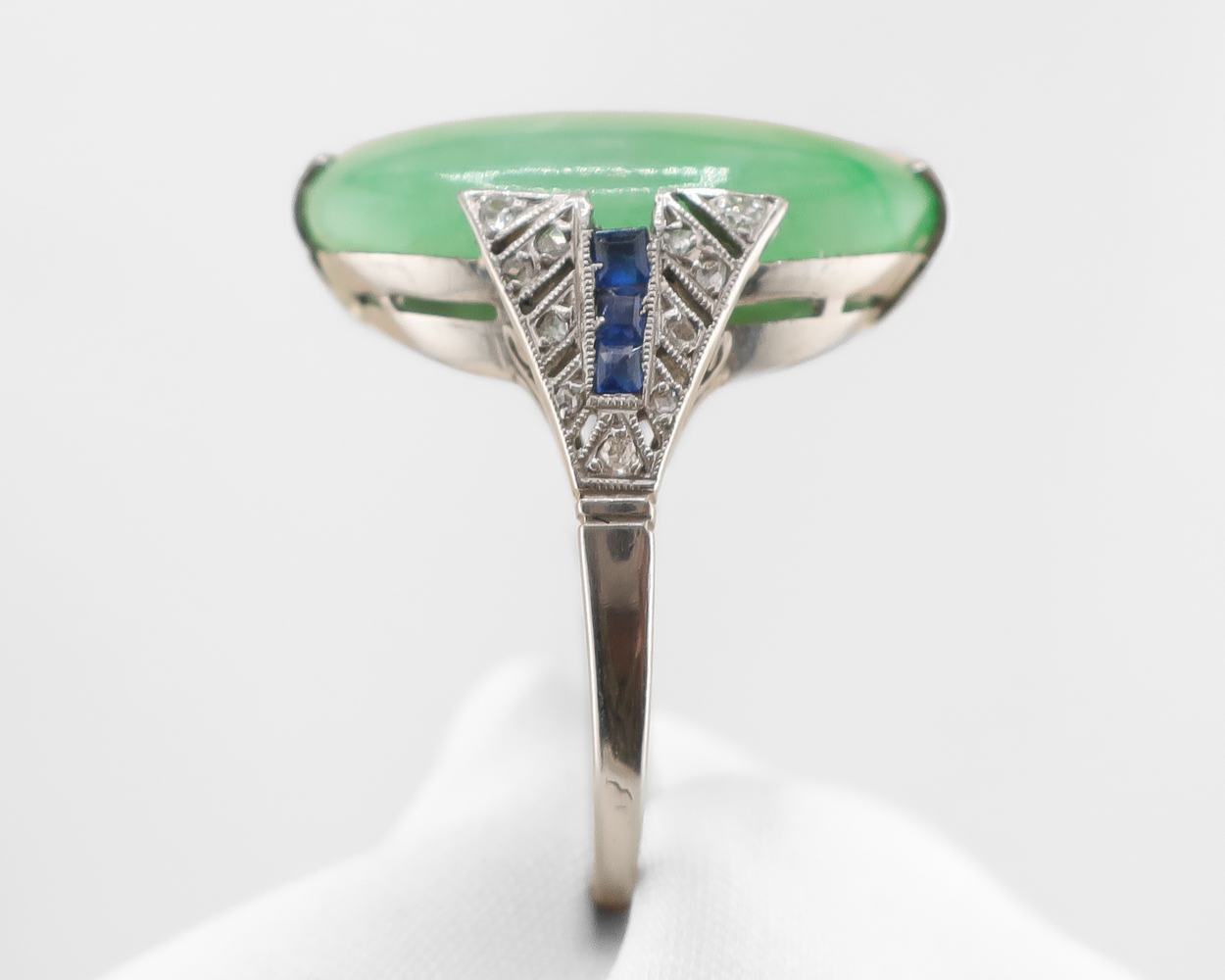 Art Deco Jadeite Ring with Sapphire and Diamonds