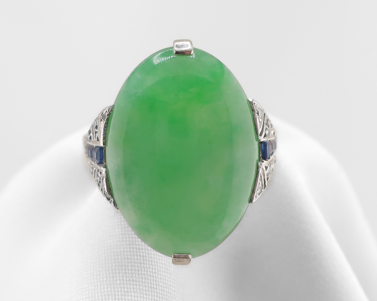 Art Deco Jadeite Ring with Sapphire and Diamonds