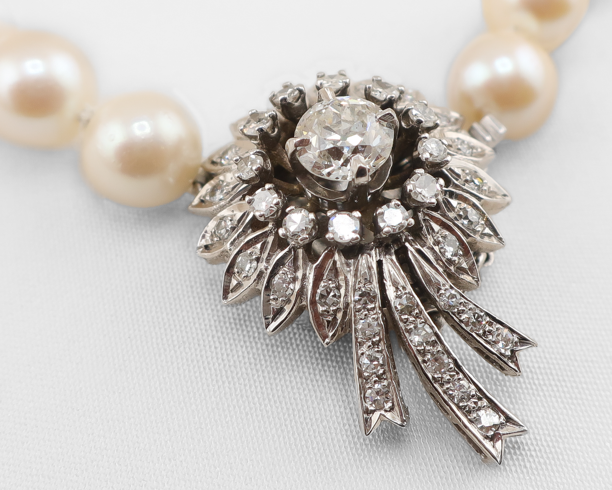 Midcentury Cultured Pearl Strand with Diamond Clasp