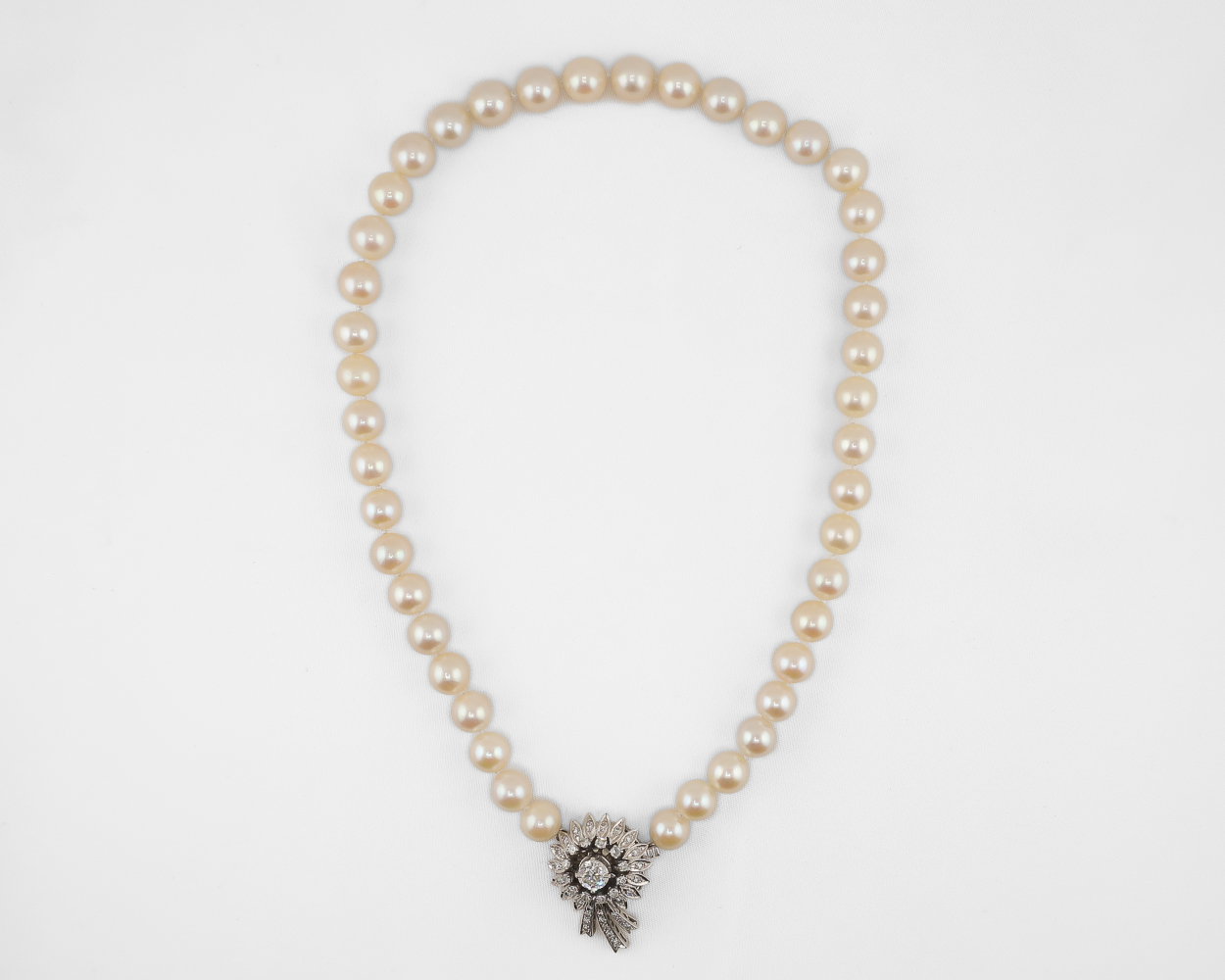 Midcentury Cultured Pearl Strand with Diamond Clasp