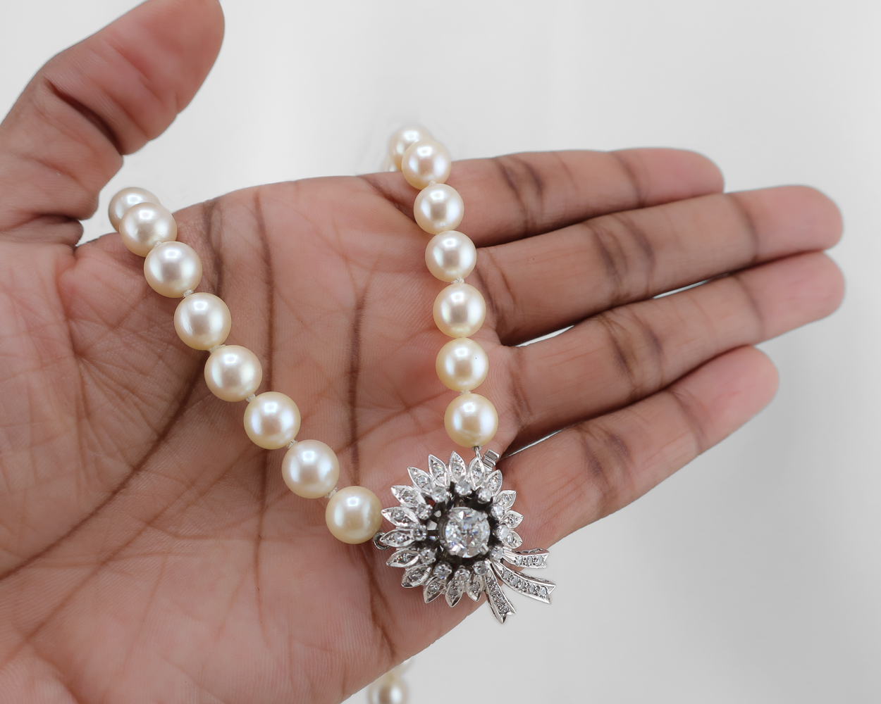 Midcentury Cultured Pearl Strand with Diamond Clasp