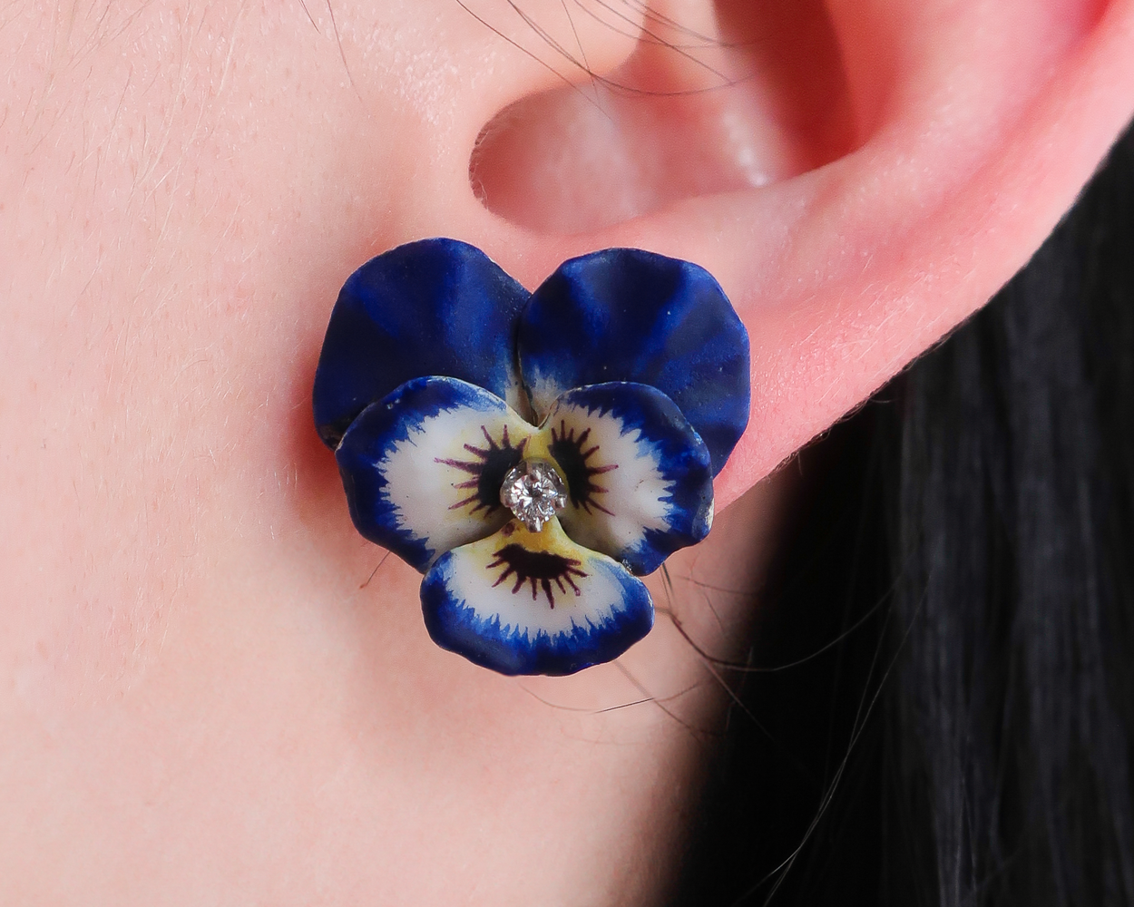 Victorian Enamel & Diamond Pansy Earrings