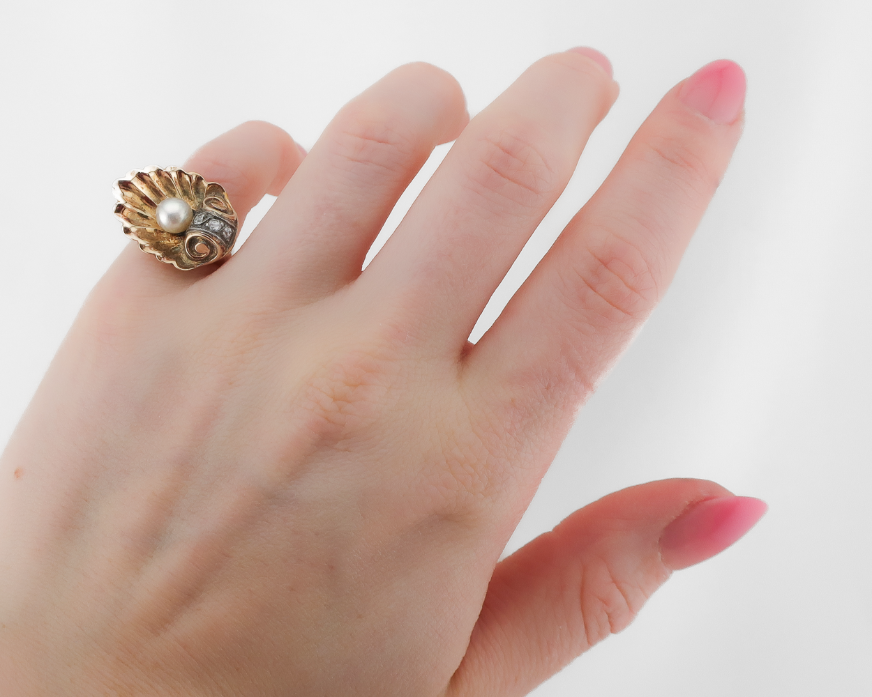 Retro Egyptian Pearl & Diamond Shell Ring