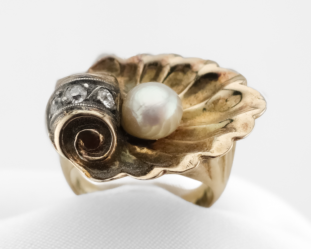 Retro Egyptian Pearl & Diamond Shell Ring