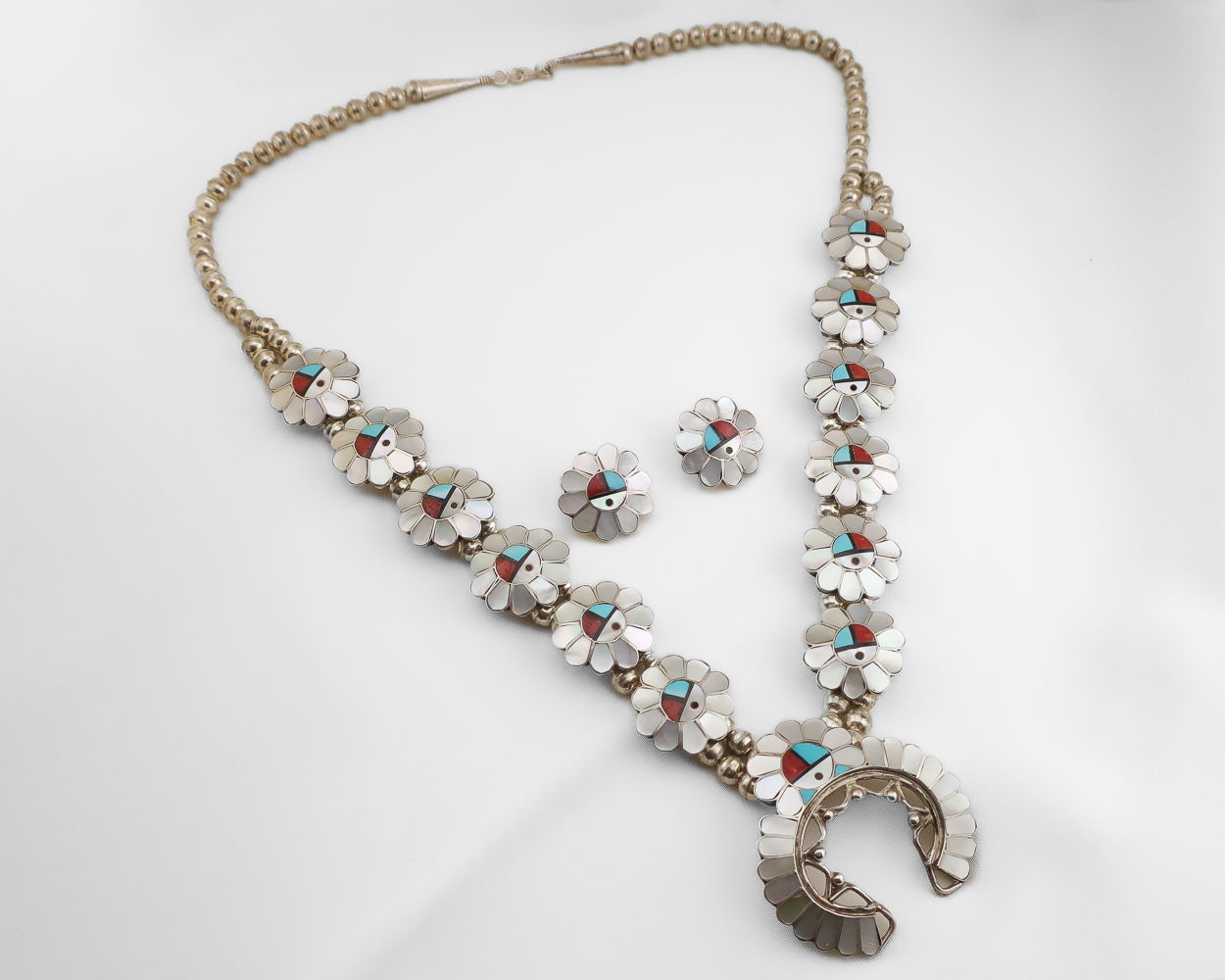 Zuni Squash Blossom Inlaid Necklace & Earrings — Isadoras Zuni Squash Blossom Inlaid Necklace & Earrings — Isadoras