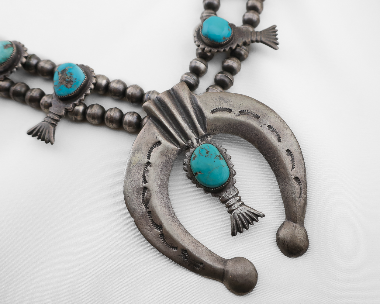 Old Pawn Sand Cast Navajo (Dine') Squash Blossom Necklace with Old Pawn Sand Cast Navajo (Dine') Squash Blossom Necklace with