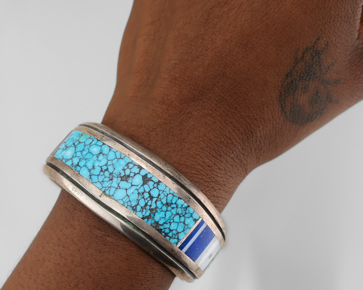 Navajo (Dine') Silver Turquoise Inlaid Bangle by Harold Smith Navajo (Dine') Silver Turquoise Inlaid Bangle by Harold Smith
